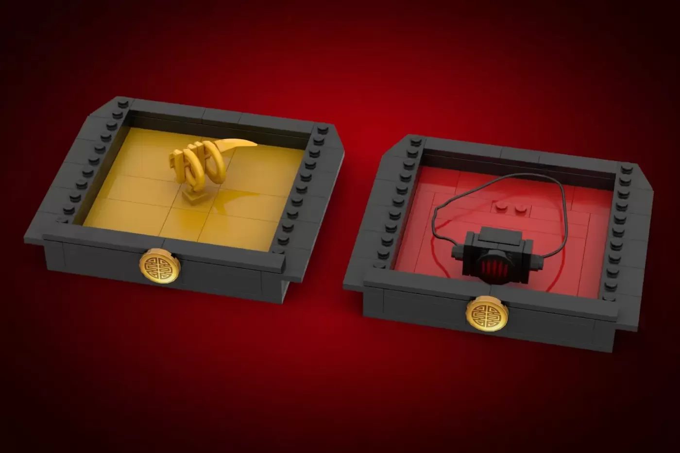 Two LEGO Chinese miracle boxes with opening drawers, featuring gold medallions and colored interiors.