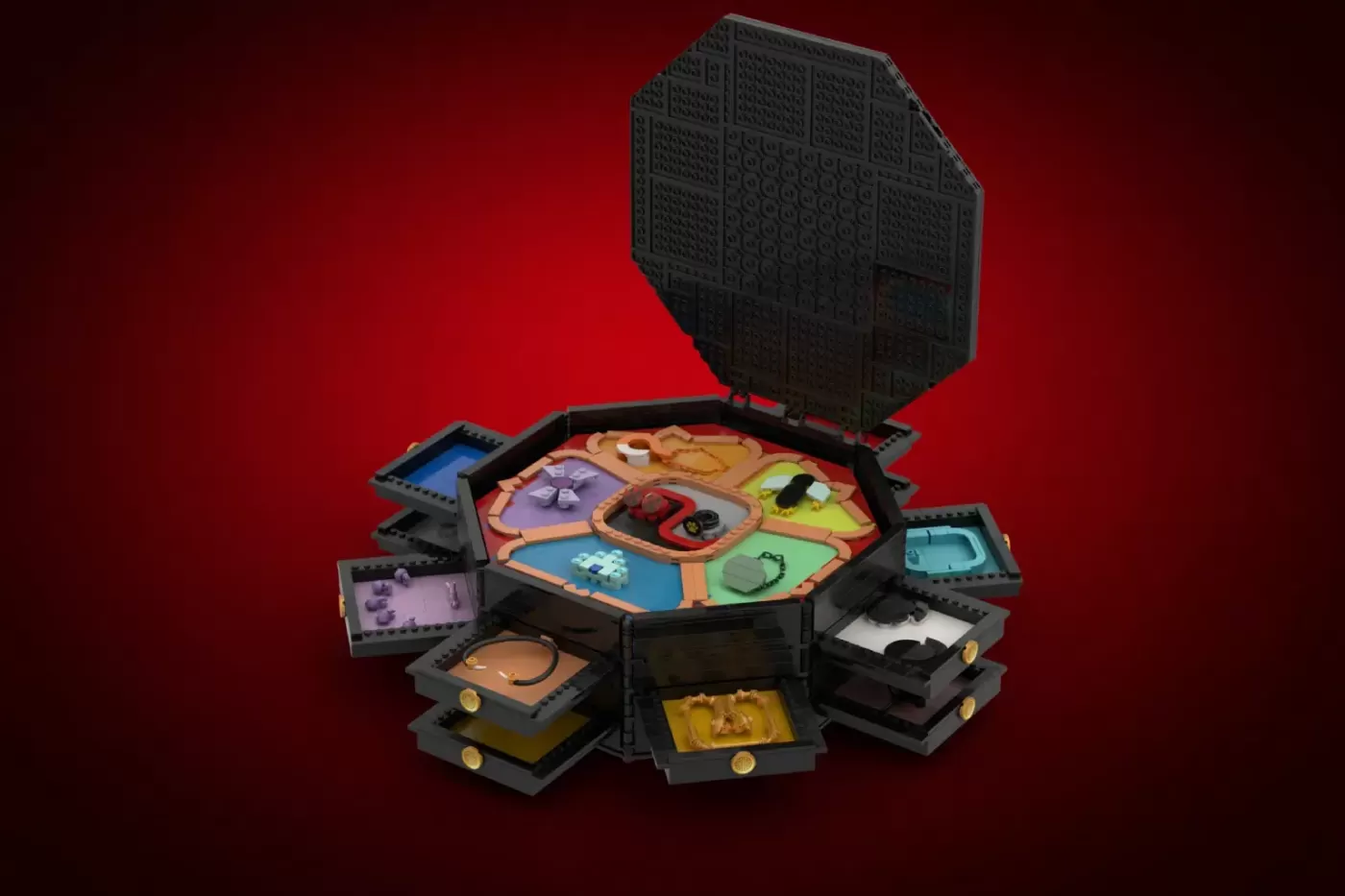 LEGO Miraculous Ladybug magic box set with opening drawers and colorful compartments on red background.