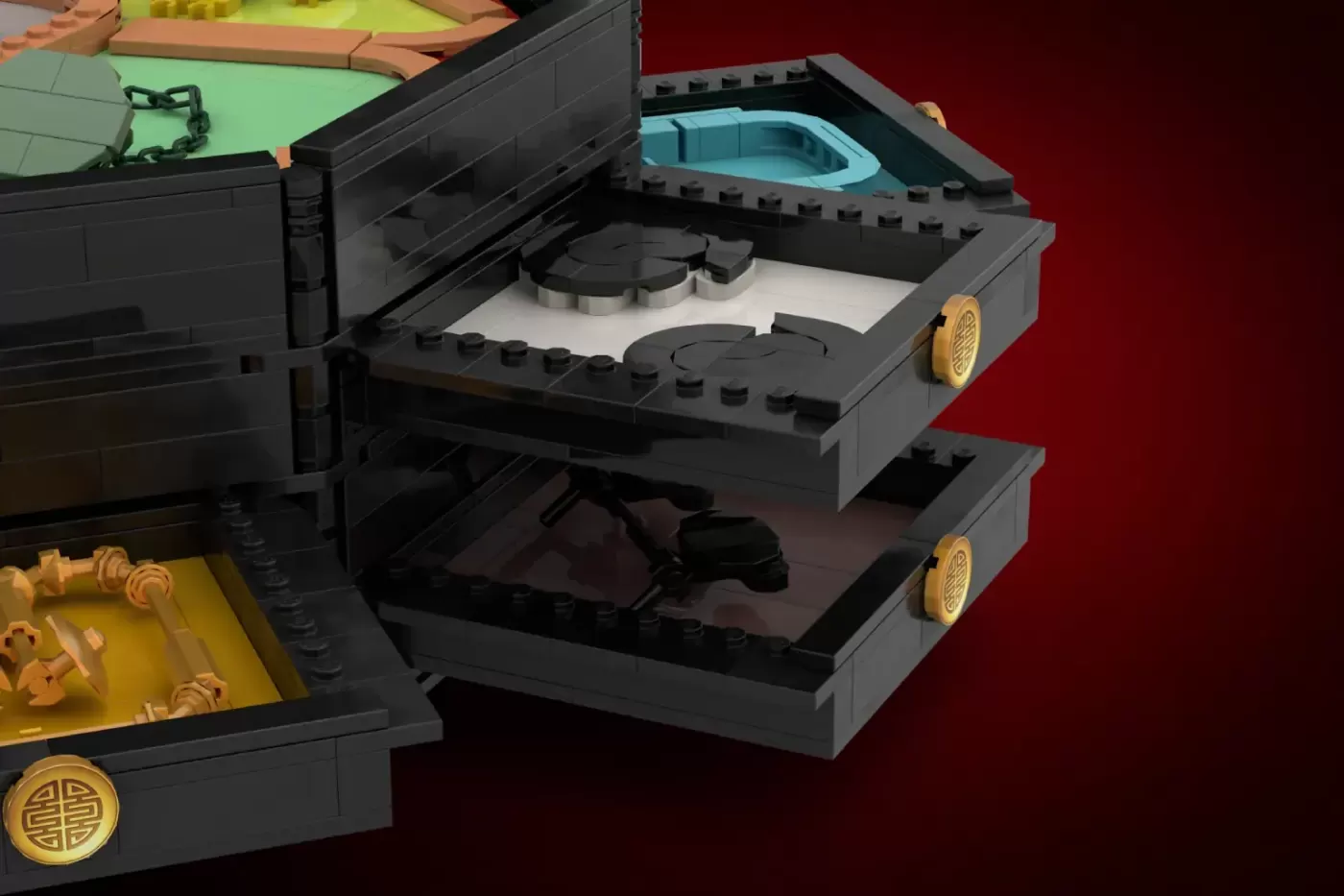 LEGO Chinese Miracle Box with open drawers displaying blue compartment and black storage, gold handles visible.