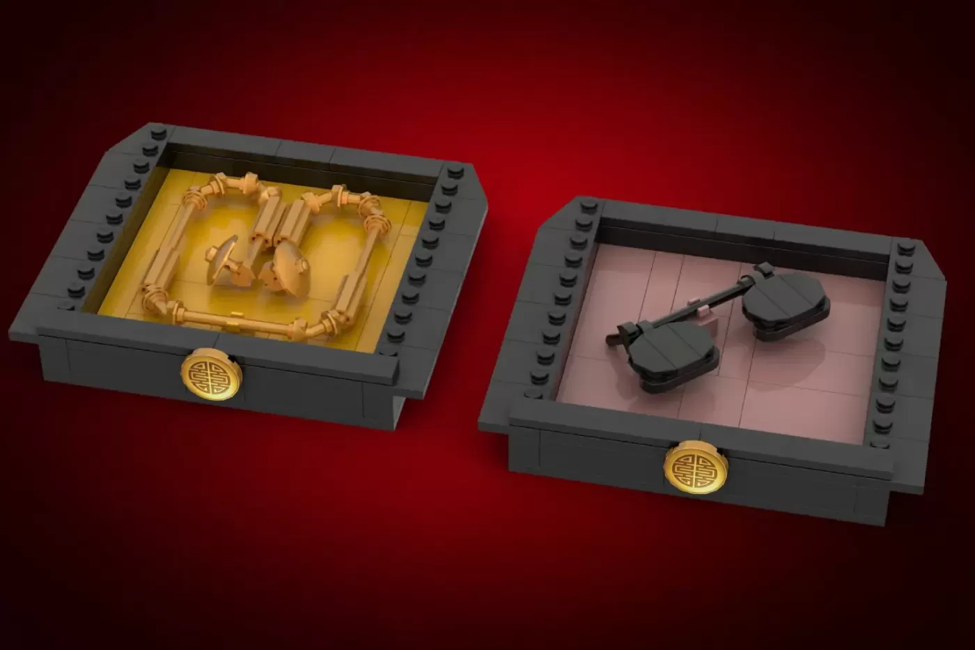 Two LEGO Chinese miracle boxes with opening drawers on red background.