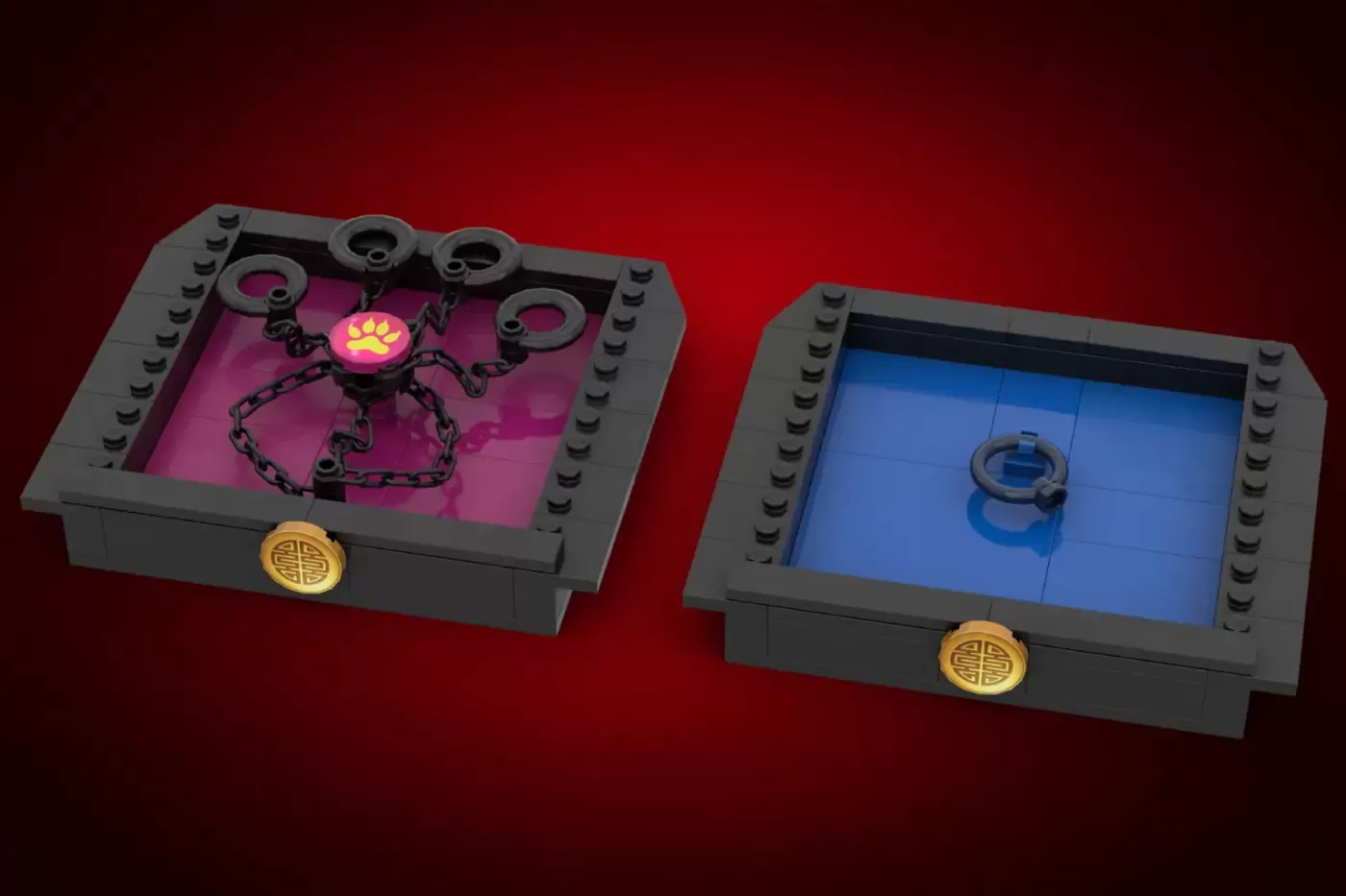 Two LEGO Miracle Boxes side-by-side with opening drawers displaying magical items on colored backgrounds.