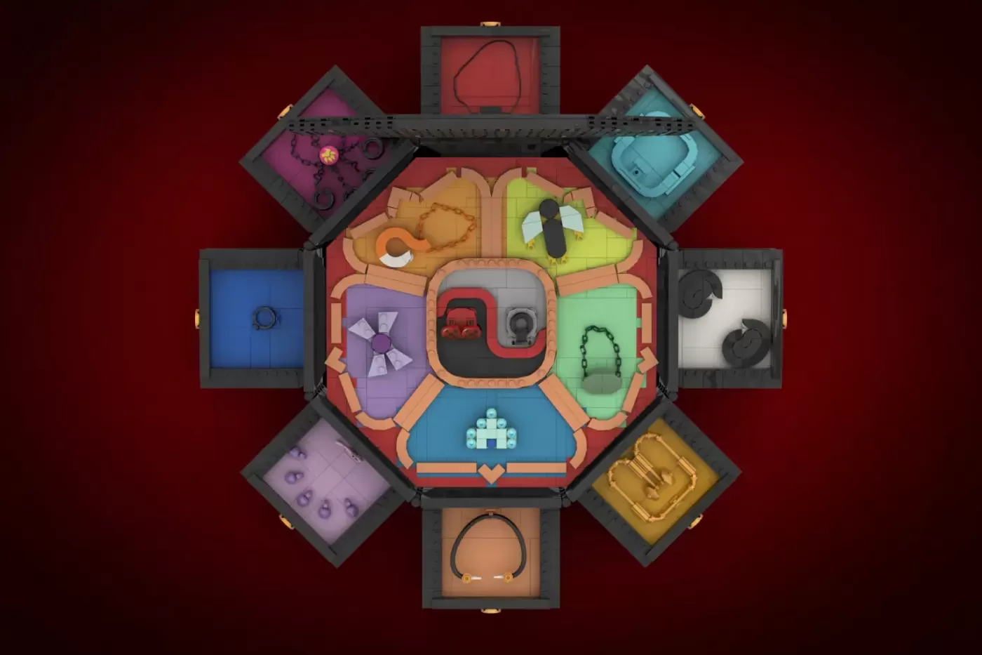 LEGO Miraculous Miracle Box with opening drawers displaying magical transformation items and accessories in colorful rooms.