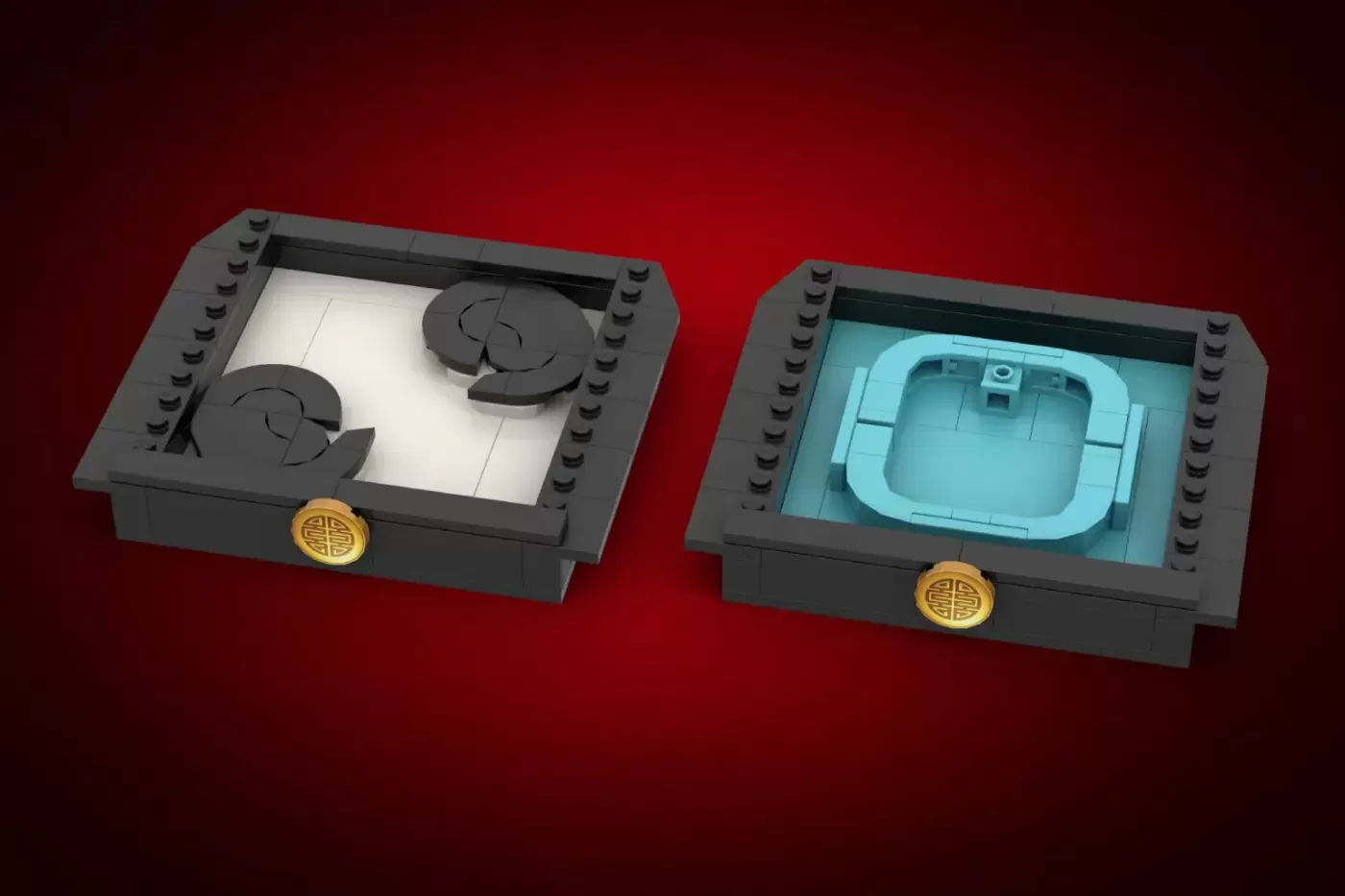 Two LEGO black boxes with gold emblems showing opened drawers containing magical items from Miraculous Ladybug.