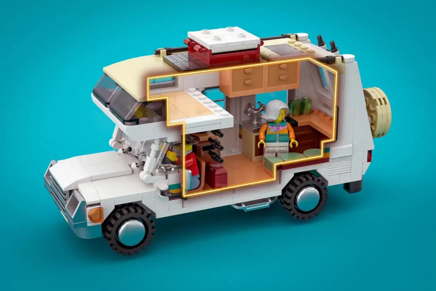 LEGO Ideas camper van set with minifigure, interior details, and roof accessories on turquoise background.