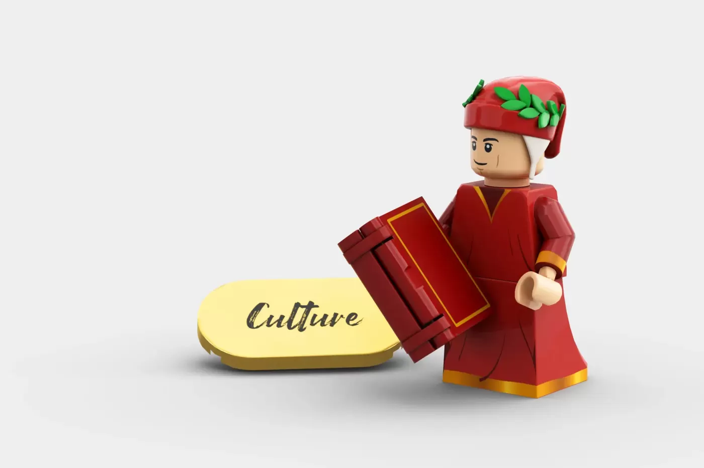 LEGO minifigure in red traditional Chinese outfit holding a suitcase next to a yellow "Culture" platform.