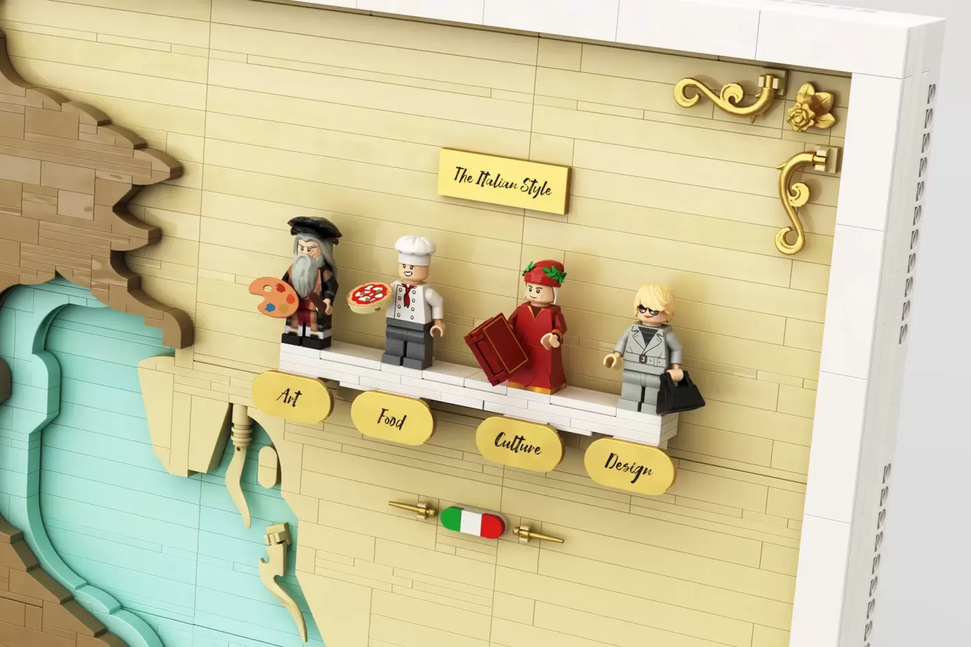 LEGO Italia 3D poster featuring minifigures representing art, food, culture, and design on a yellow brick wall.