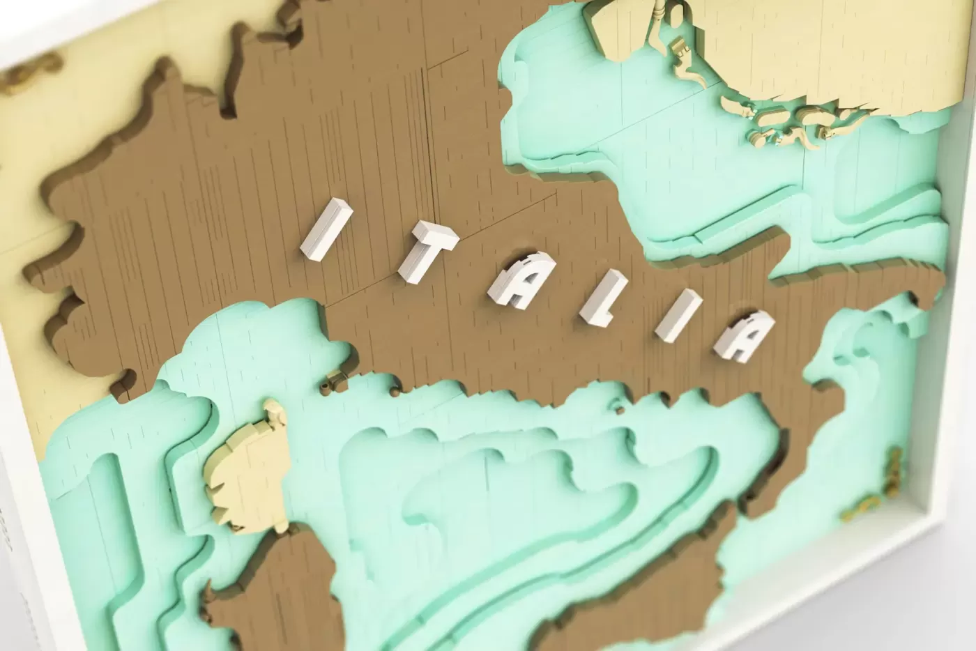 3D layered map of Italy in turquoise and tan with white labels and decorative LEGO elements.