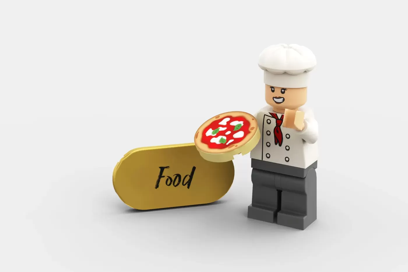 LEGO chef minifigure holding a pizza next to a gold "Food" sign.