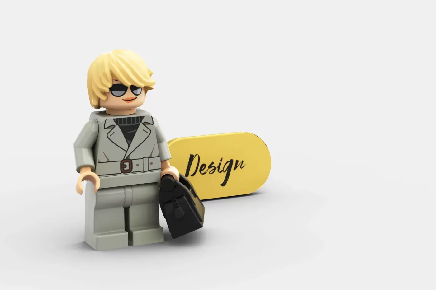LEGO minifigure in business attire with blonde hair and sunglasses holding briefcase next to yellow "Design" speech bubble.