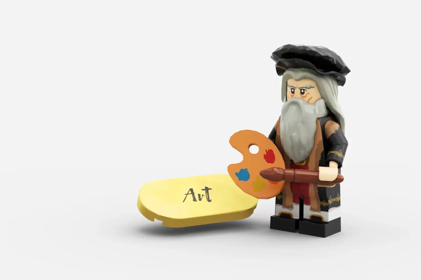 LEGO minifigure artist with gray beard holding paintbrush and palette next to yellow "Art" nameplate.