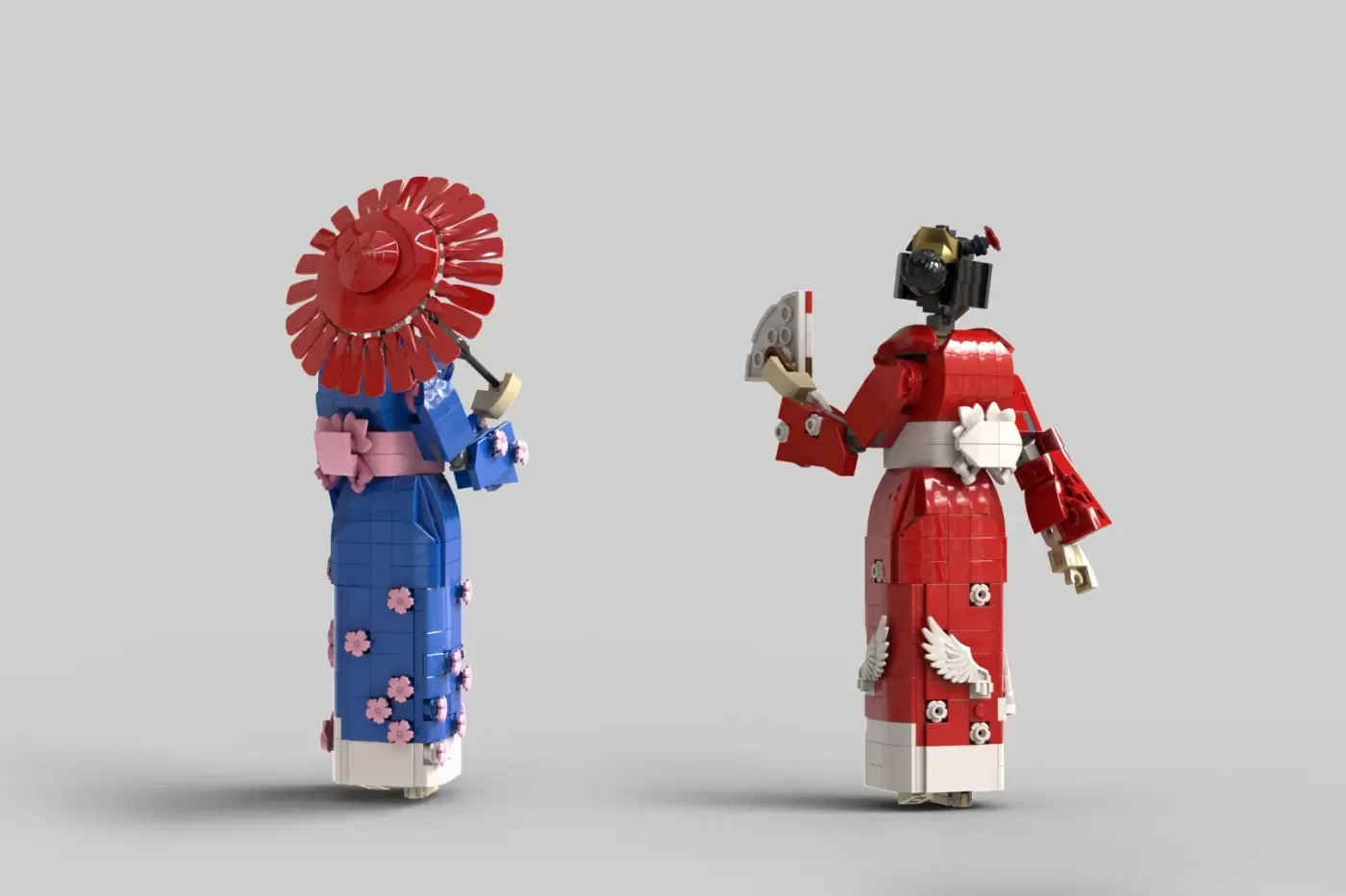 Two LEGO figures in traditional Japanese kimonos with interchangeable outfits, featuring red and blue designs with floral …