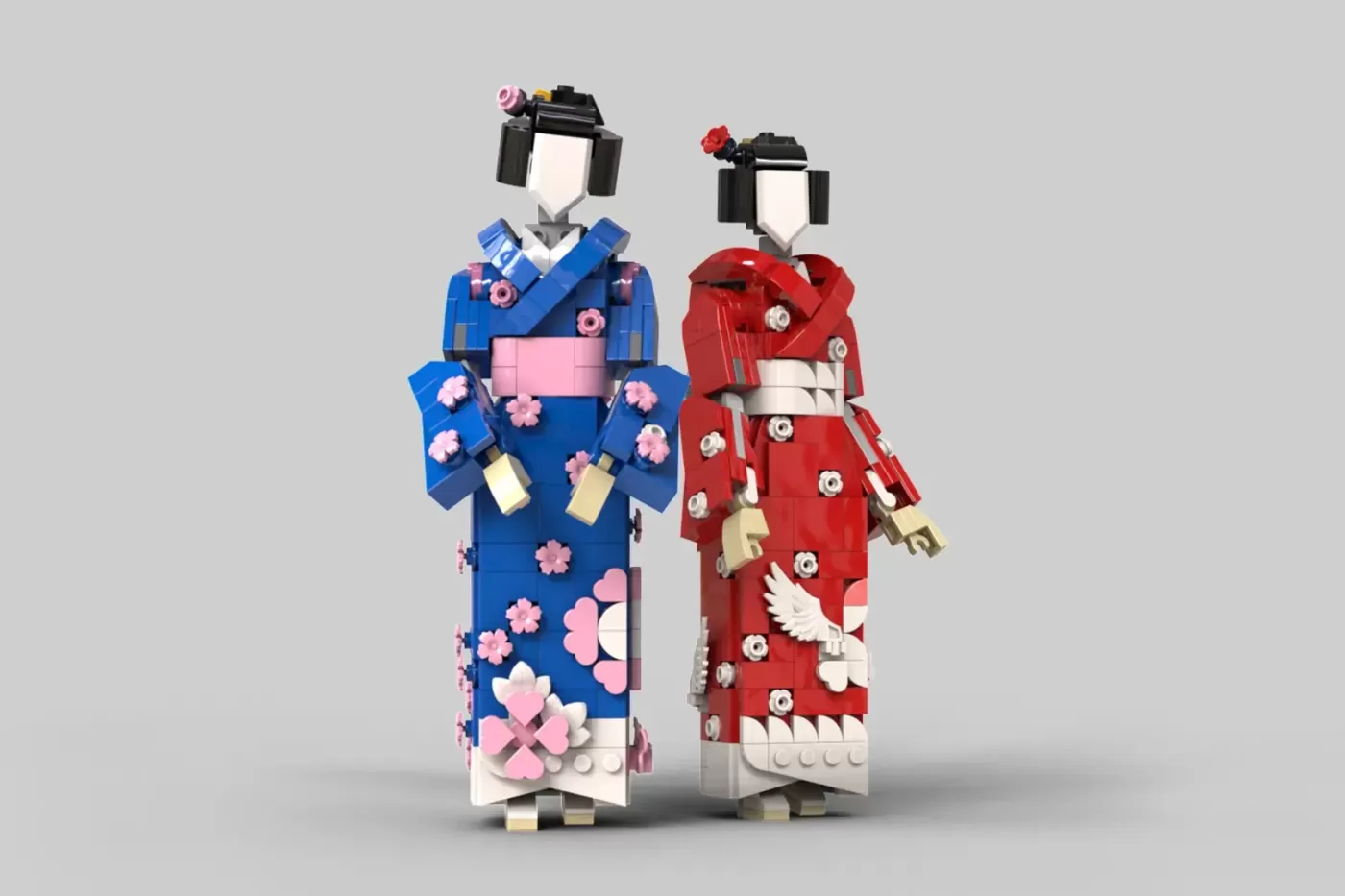 Two LEGO figures wearing colorful kimono-style dresses with floral patterns in blue and red, featuring interchangeable out…