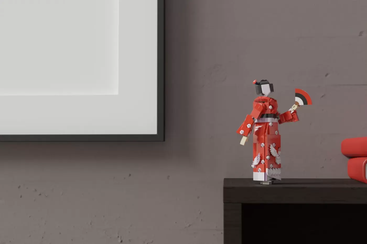LEGO minifigure wearing red kimono with white floral patterns, displayed on dark shelf near blank whiteboard.