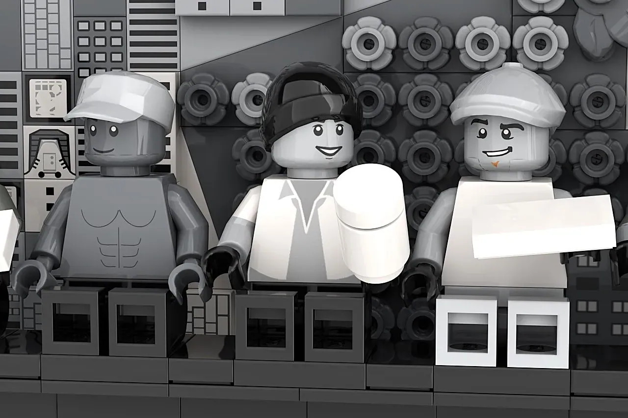 LEGO recreation of "Lunch Atop a Skyscraper" with three minifigures on a steel beam girder structure.