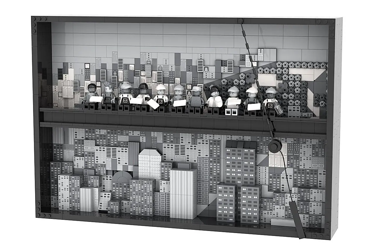 LEGO recreation of iconic "Lunch Atop a Skyscraper" photograph with minifigures on steel beam overlooking detailed cityscape.