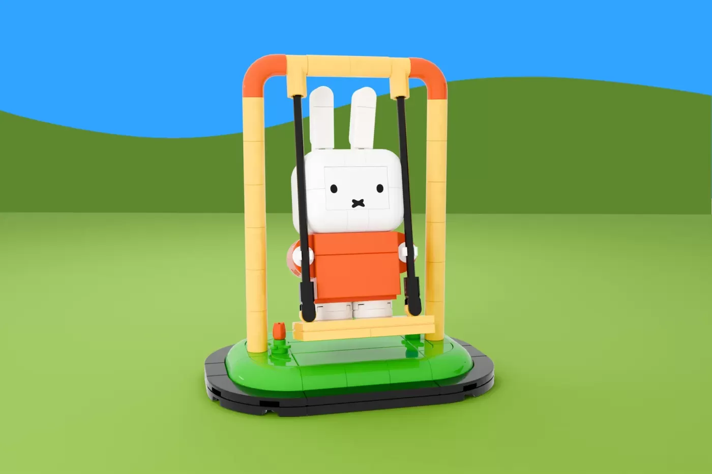 LEGO Miffy minifigure on a swing set with yellow frame and orange/black ropes against a green grass background.
