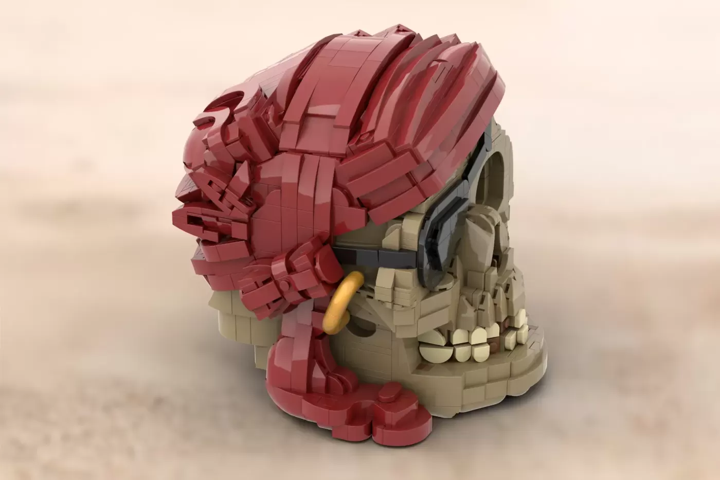 LEGO brick skull with red jaw and tan bone structure, featuring yellow tooth detail and black accents.