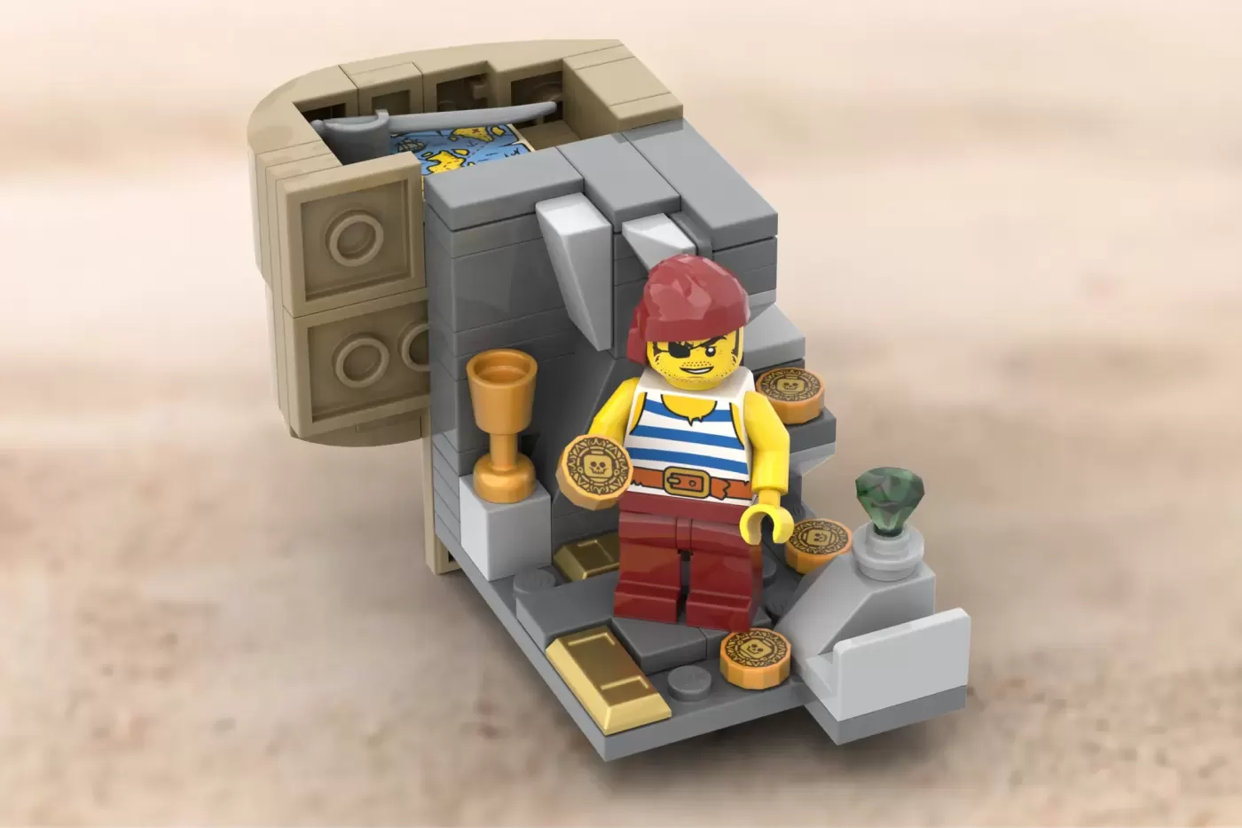 LEGO pirate minifigure in striped shirt and red hat surrounded by gold coins, treasure chest, and vault in custom build.