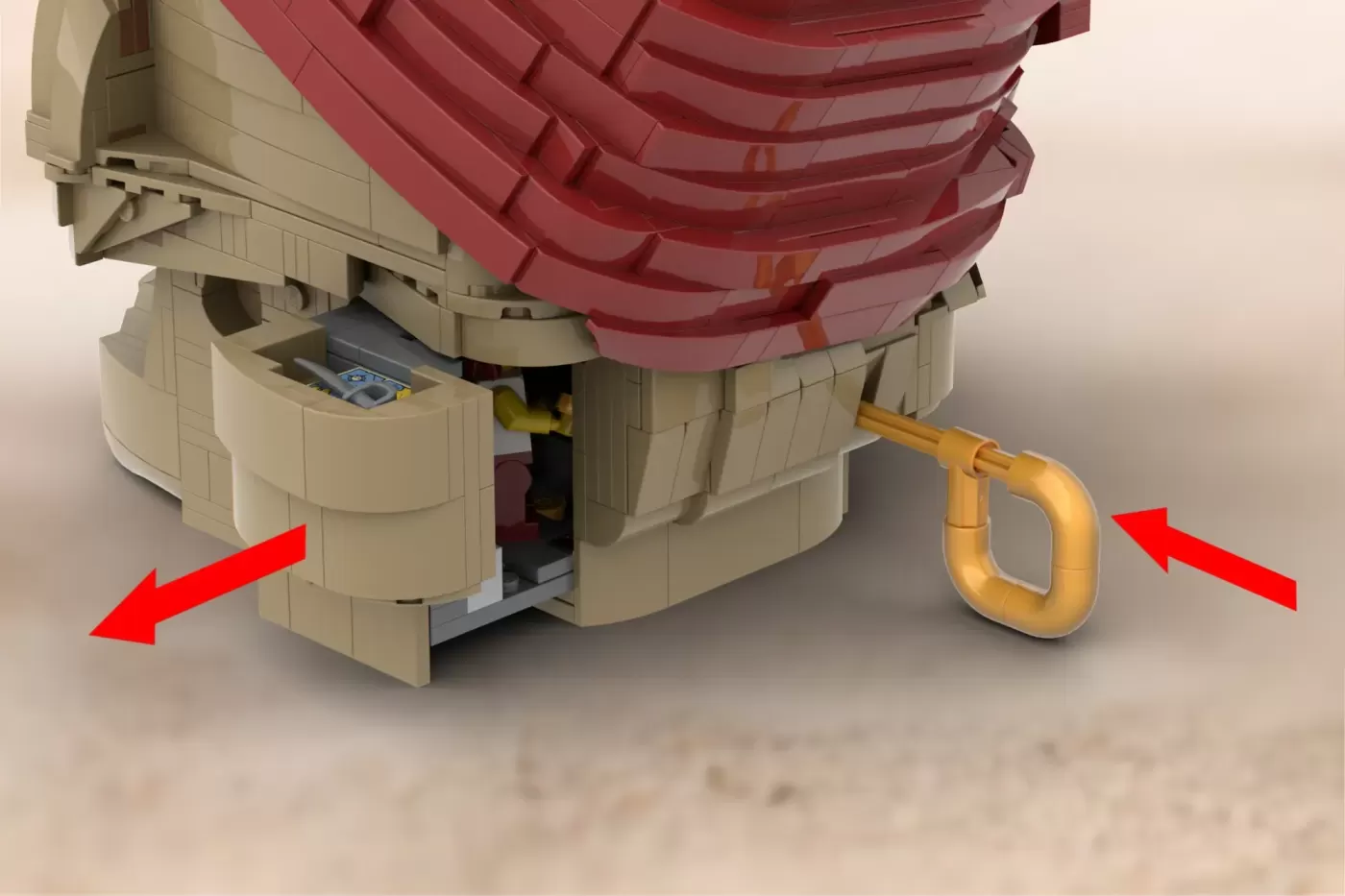 LEGO pirate skull base with tan walls, red roof, gold pipe, and red arrows indicating secret compartments and entrances.