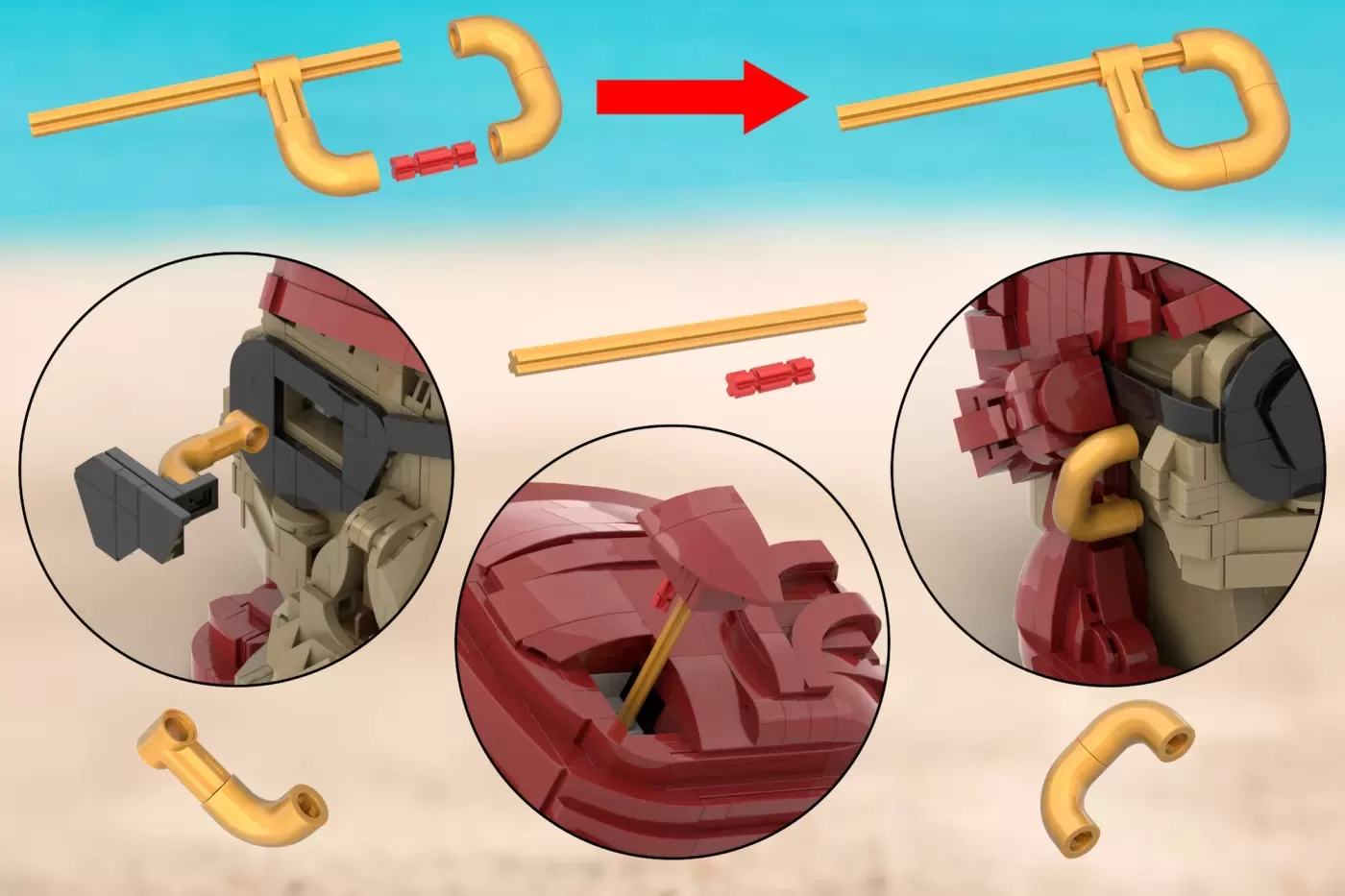 LEGO pirate skull with golden pipe connector assembly diagram showing installation steps.