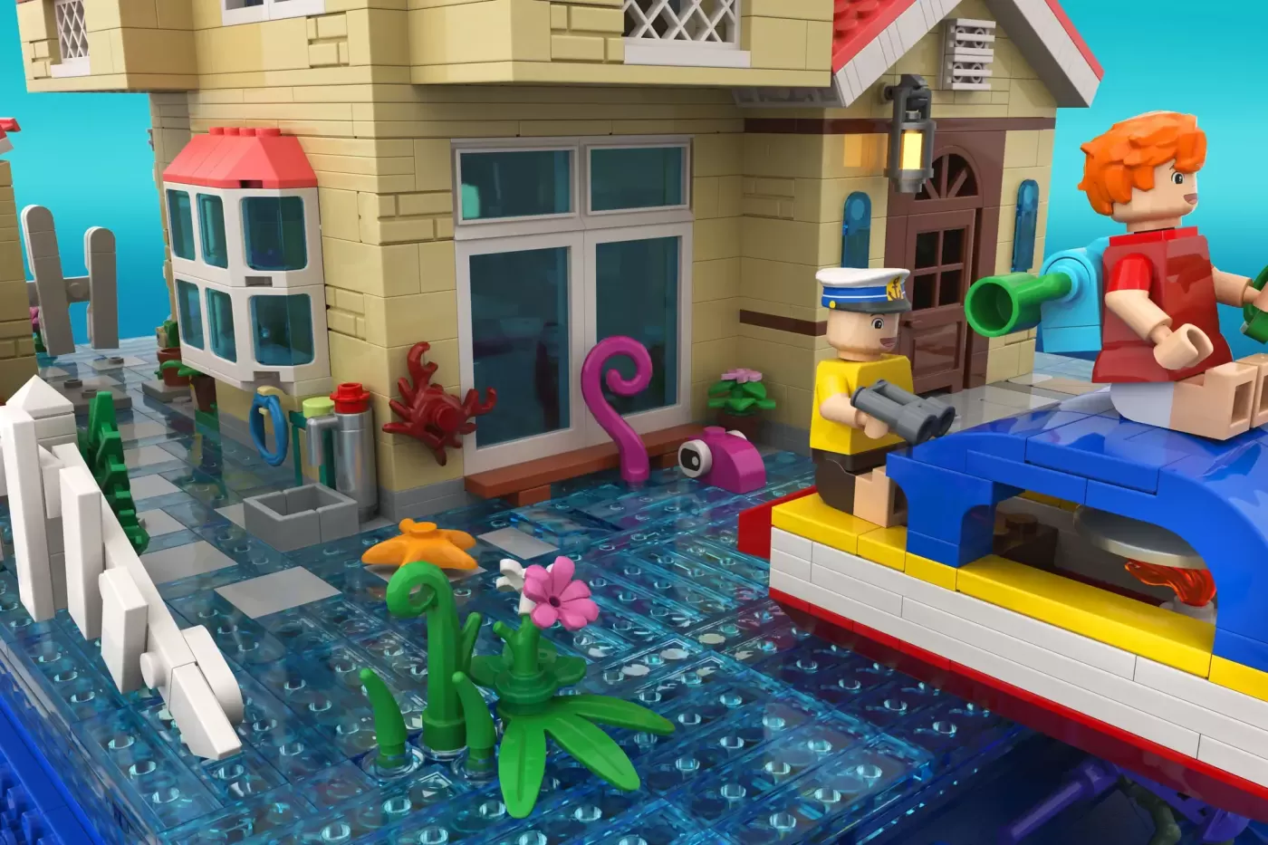 LEGO Ponyo set featuring seaside house, minifigures, submarine vessel, and underwater plants on blue baseplate.