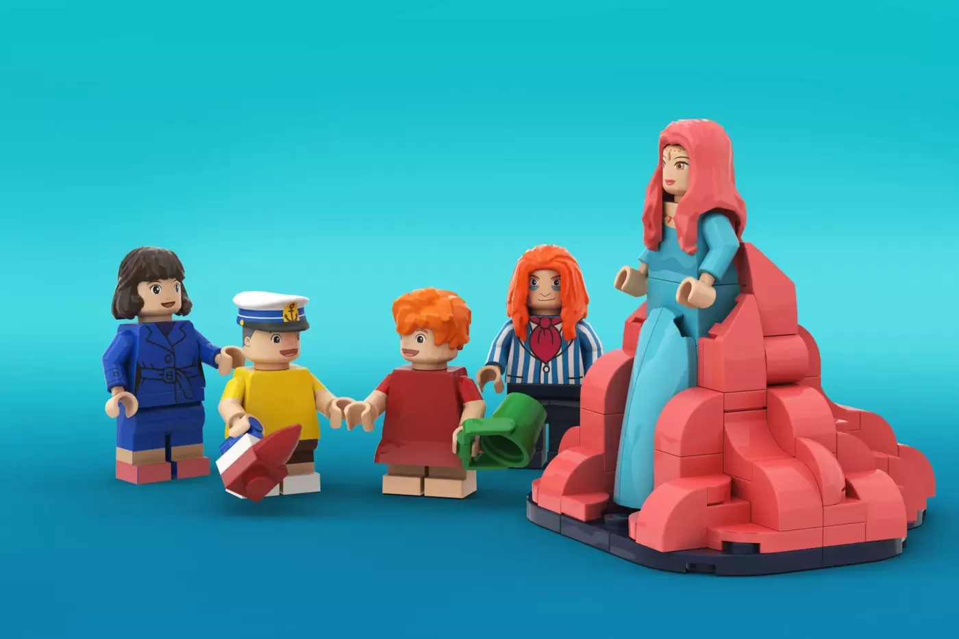 LEGO minifigures and coral structure set inspired by Studio Ghibli's Ponyo underwater world against turquoise background.