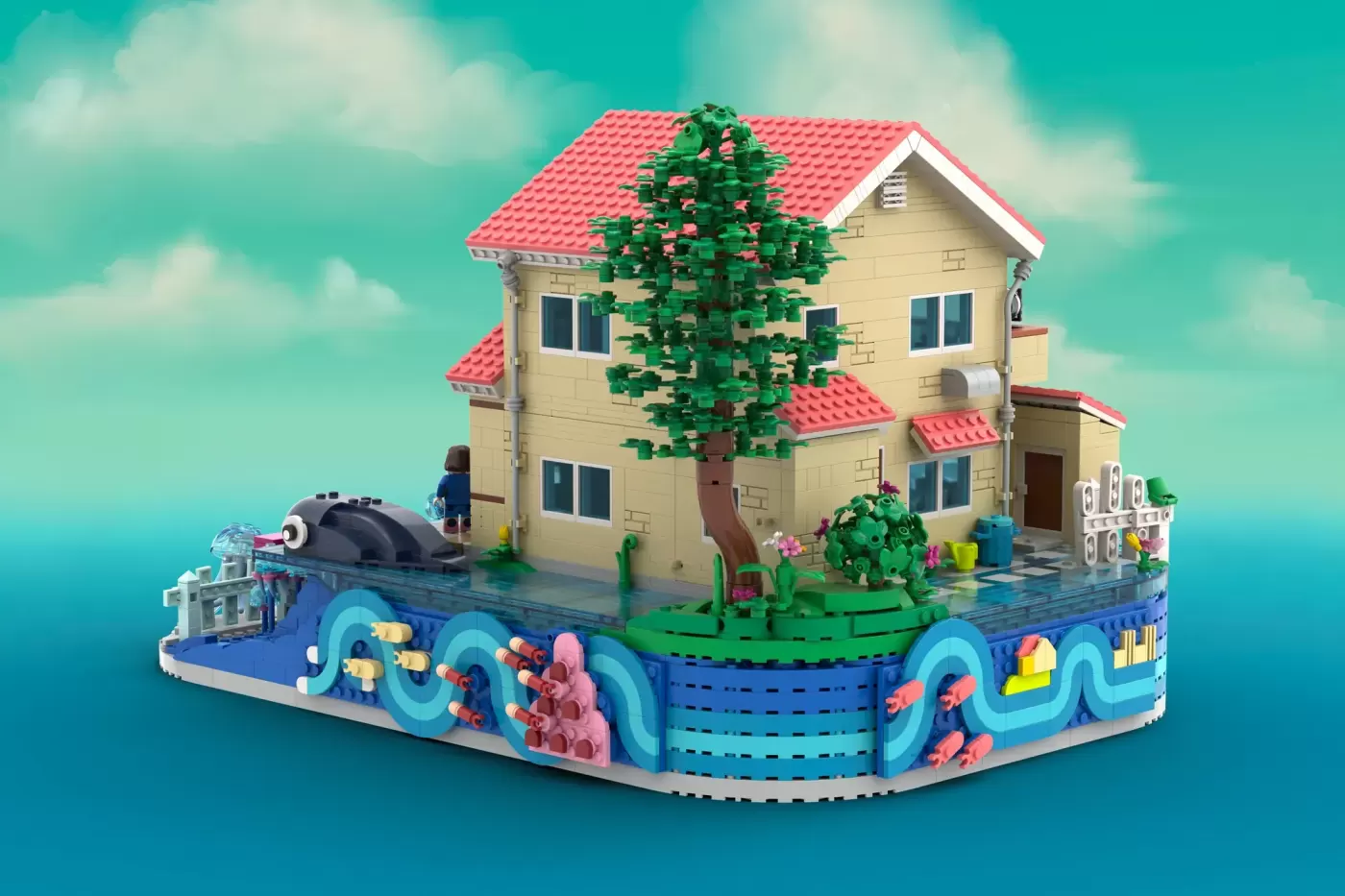 LEGO house with red roof and ivy on turquoise water base with submarine elements and minifigures.