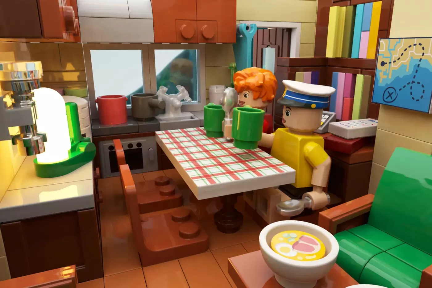 LEGO kitchen scene with orange-haired minifigure in yellow shirt and sailor-hatted character at checkered table.