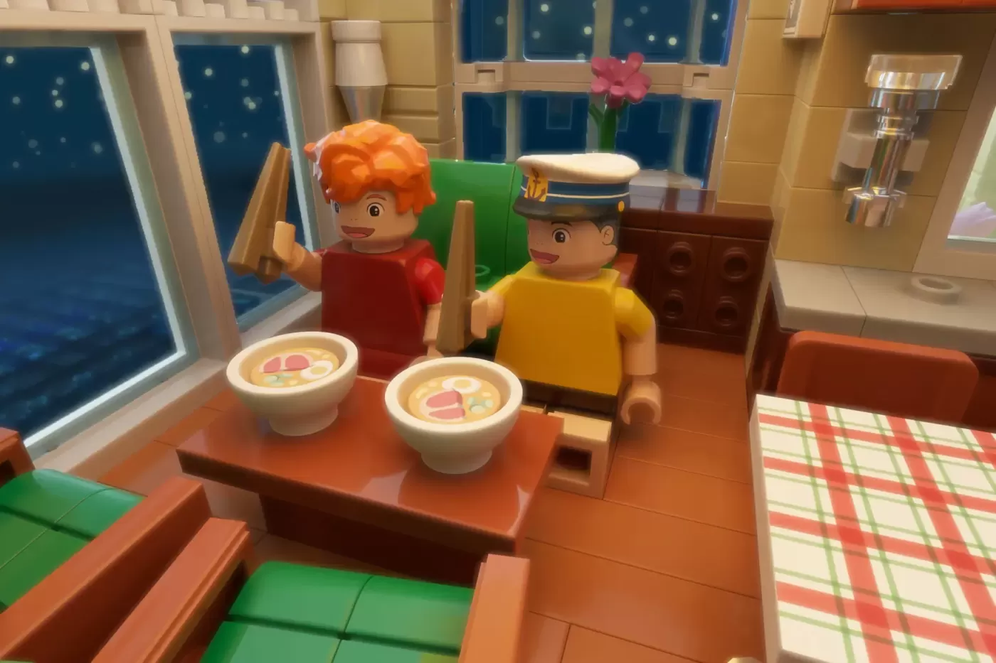 LEGO minifigures dining in a ship cabin with bowls of soup and ocean view windows.