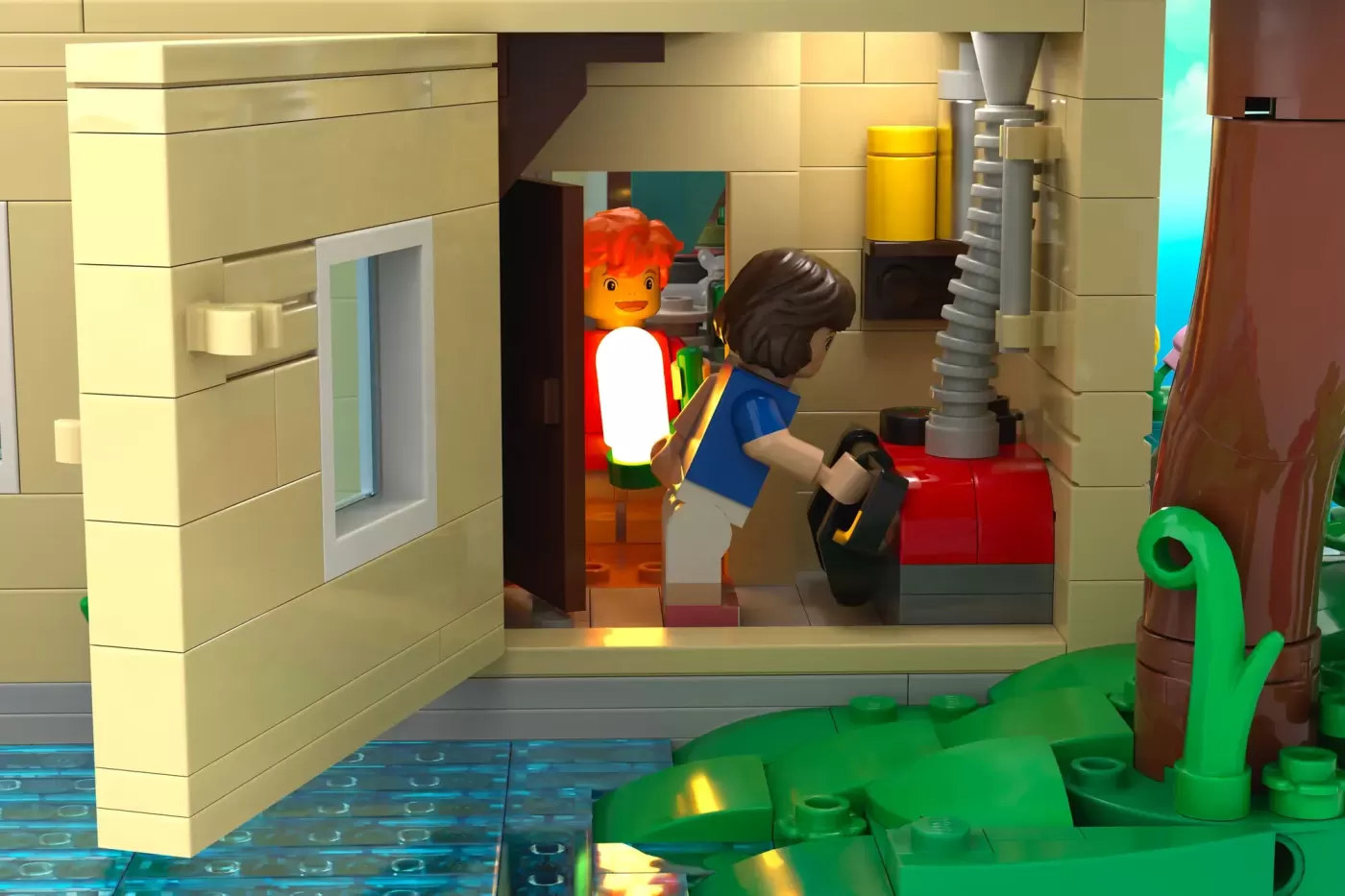 LEGO Ponyo set featuring minifigures in a coastal house interior with underwater green elements and glowing details.
