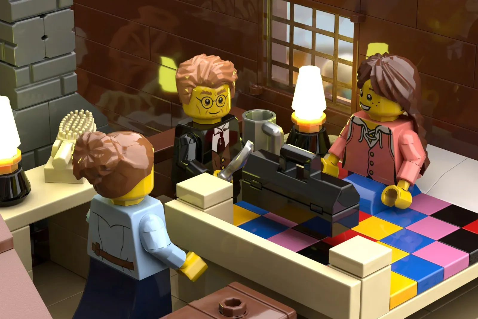 LEGO minifigures in a detailed house interior with furniture, lamp, and colorful tiled floor.