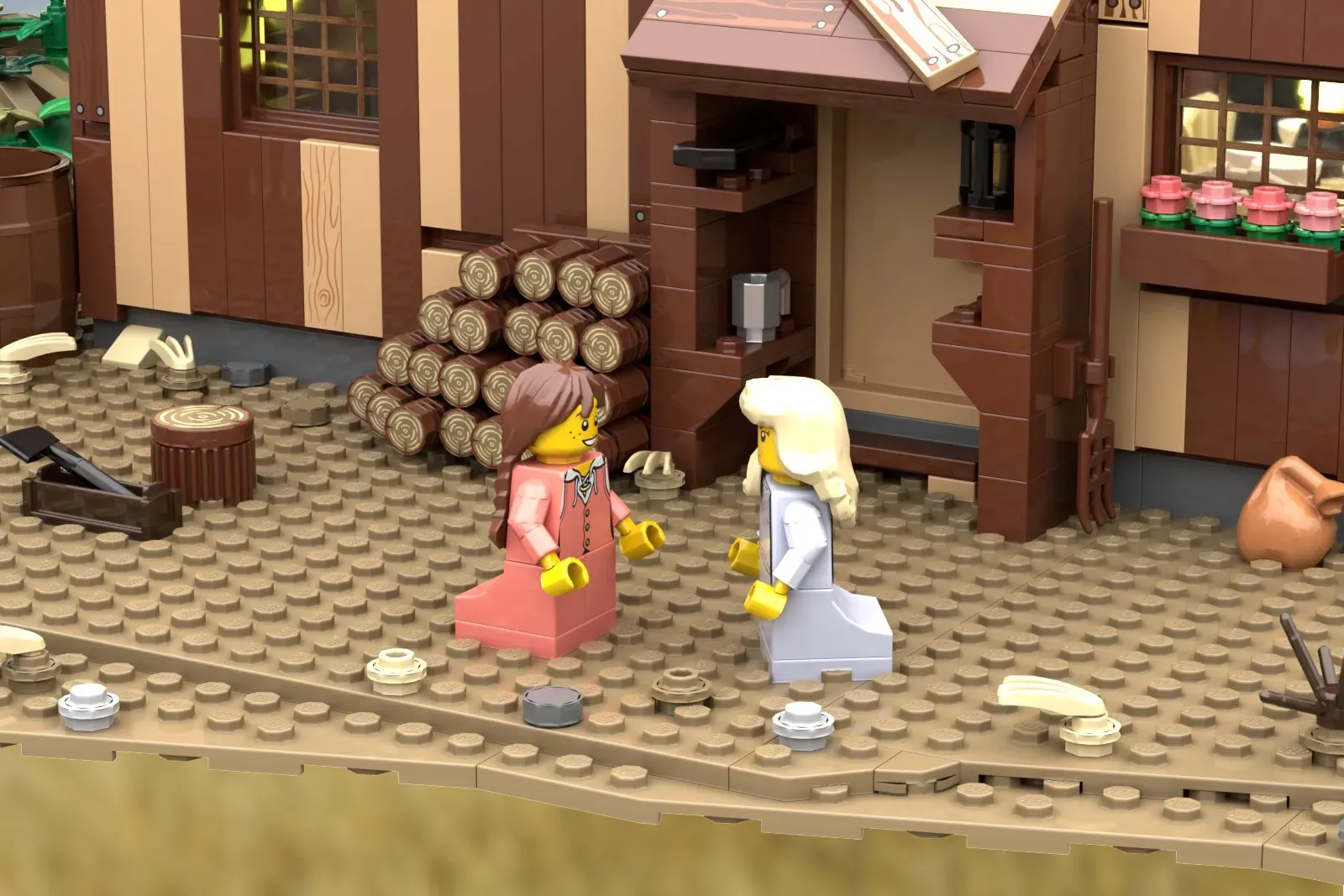 LEGO Little House on the Prairie set interior with two minifigures in period clothing on tan baseplate.