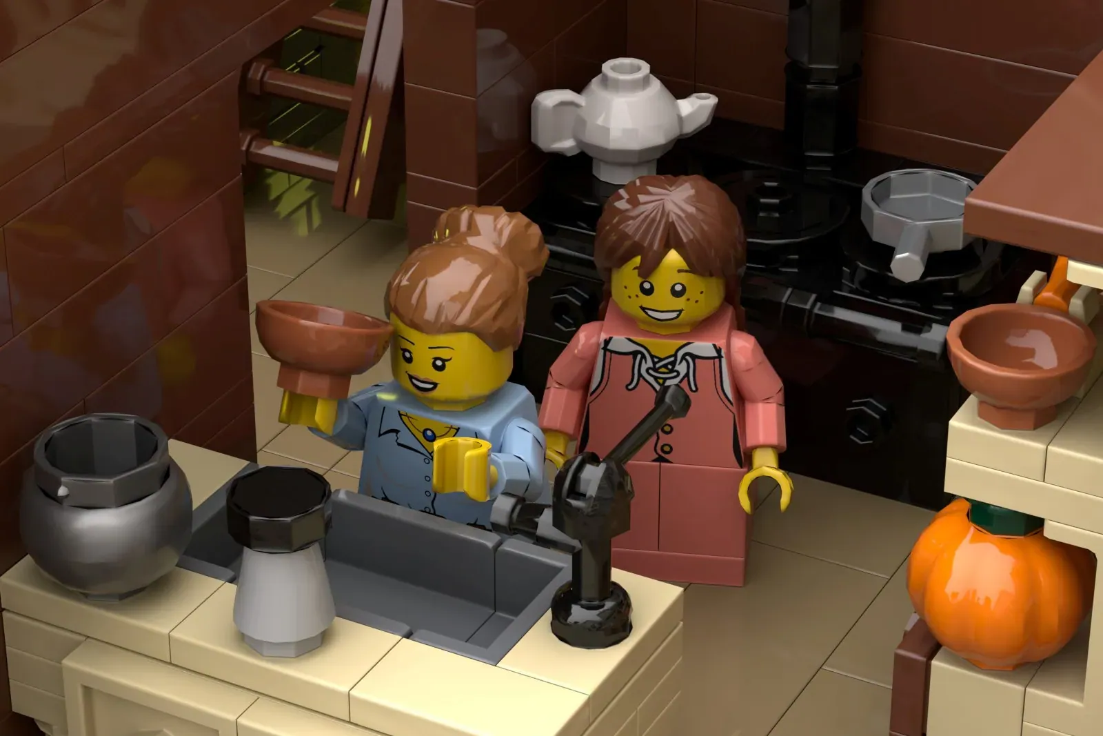 LEGO minifigures in a kitchen set with cooking items, pumpkin, and period-appropriate accessories from Little House on the…