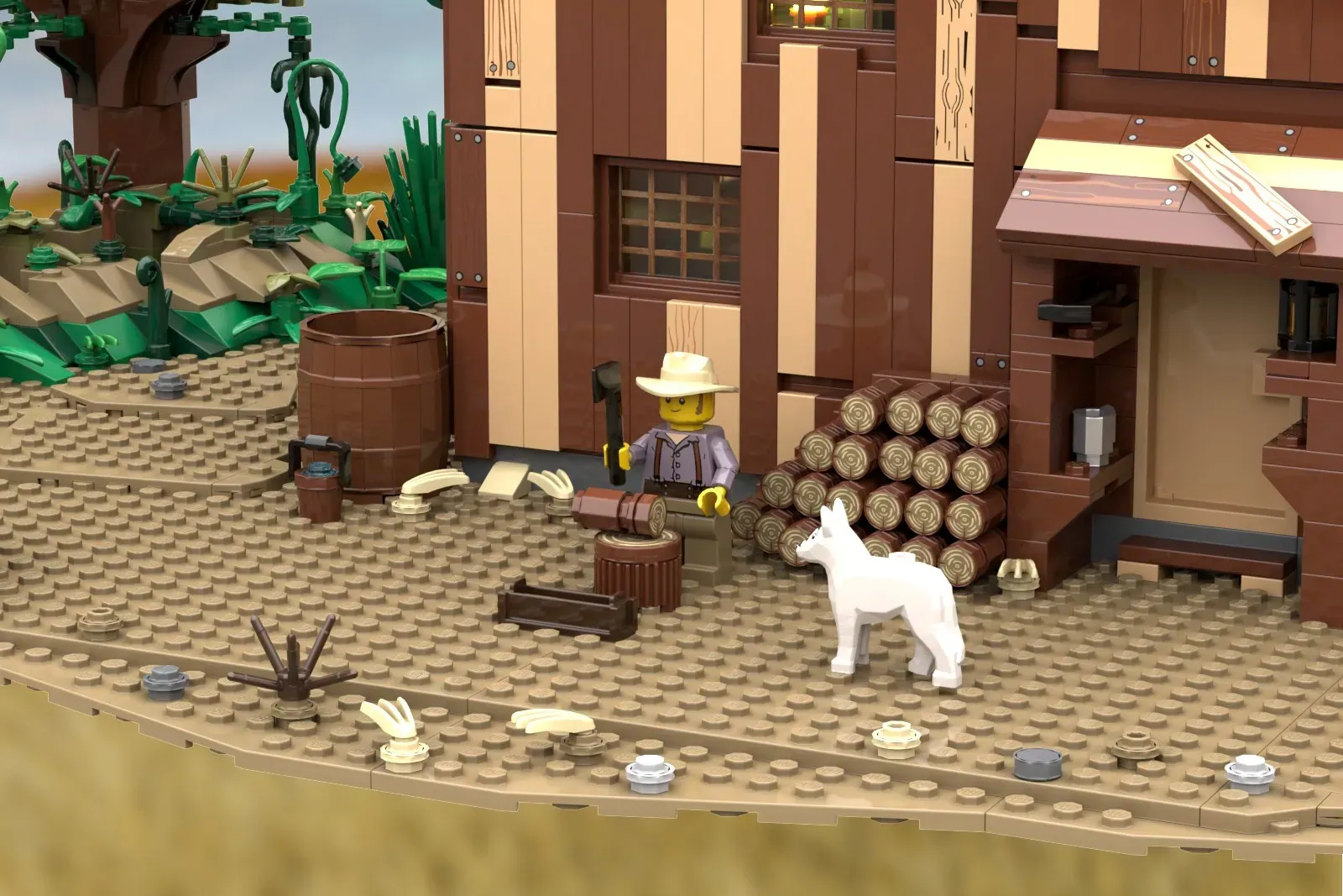 LEGO prairie scene with brown homestead building, minifigure in hat, white dog, cacti, barrels, and desert landscape.