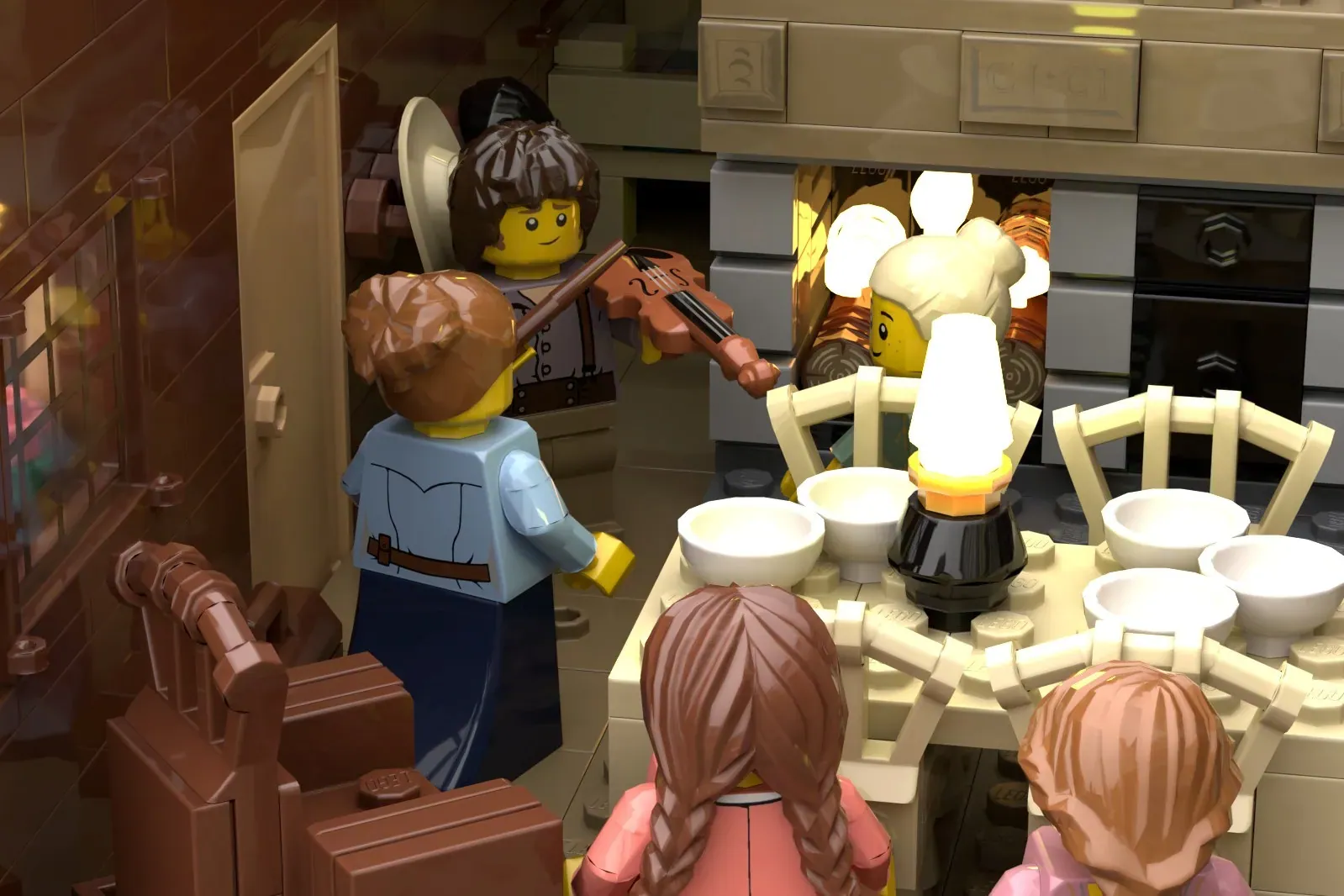 LEGO kitchen scene with minifigures cooking and dining at table with white chairs and bowls.