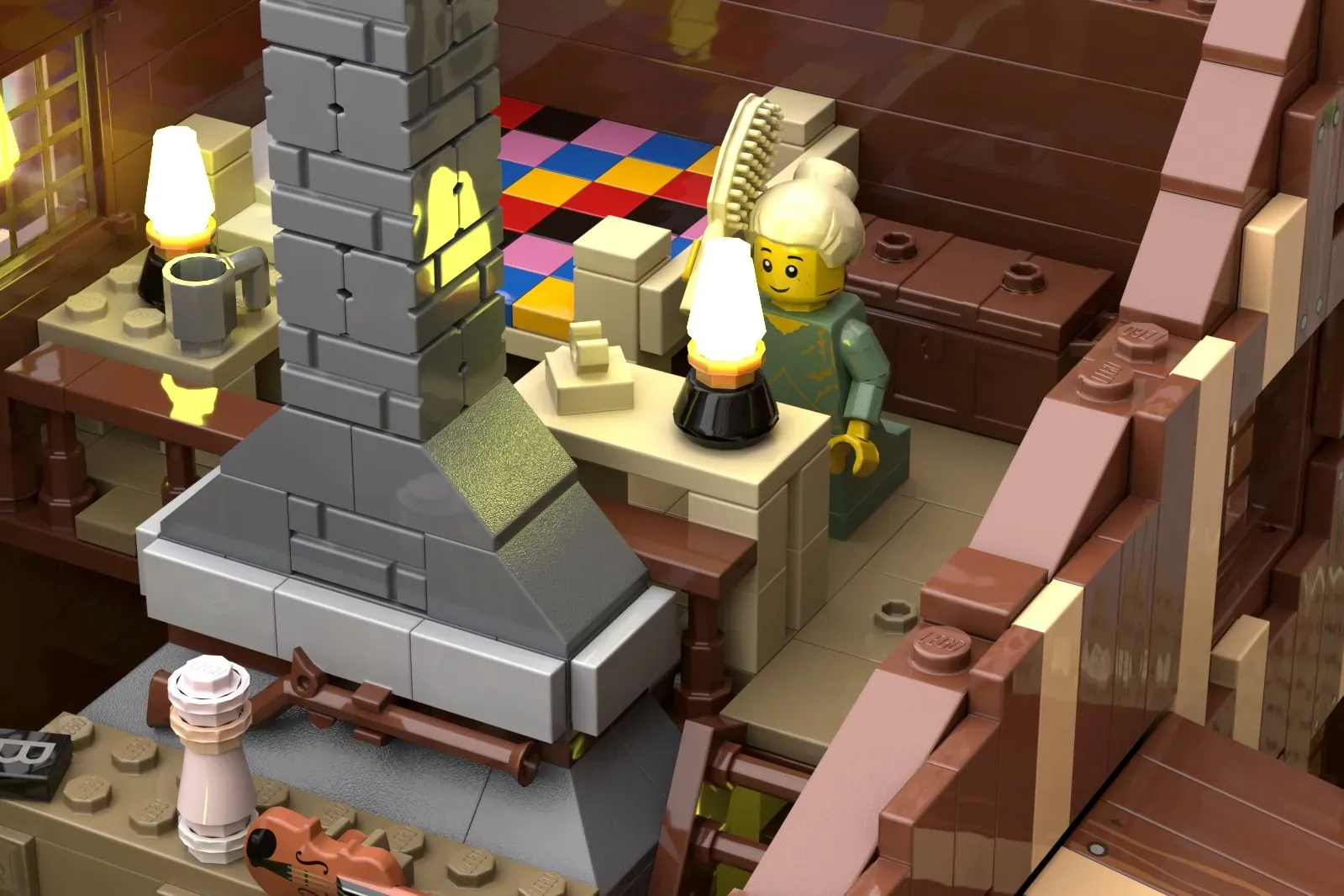LEGO recreation of Little House on the Prairie with removable roof, fireplace, colorful floor, and minifigure family inside.