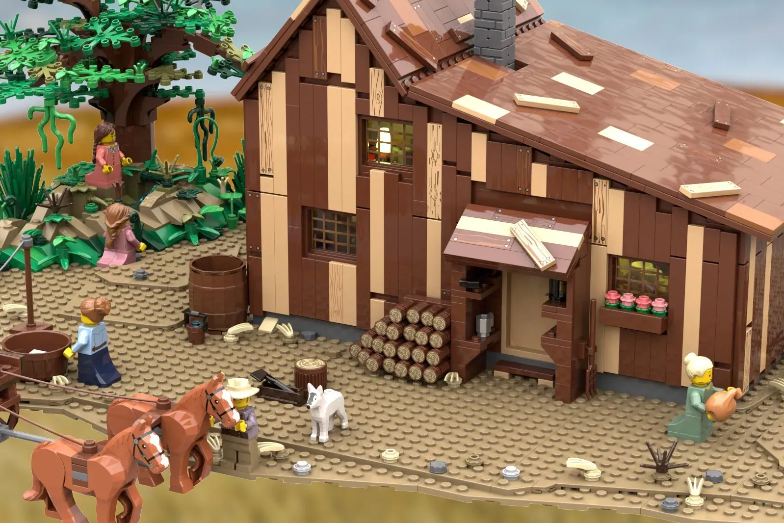 LEGO farmhouse with removable roof, minifigures, horses, tree, and prairie setting with detailed exterior.