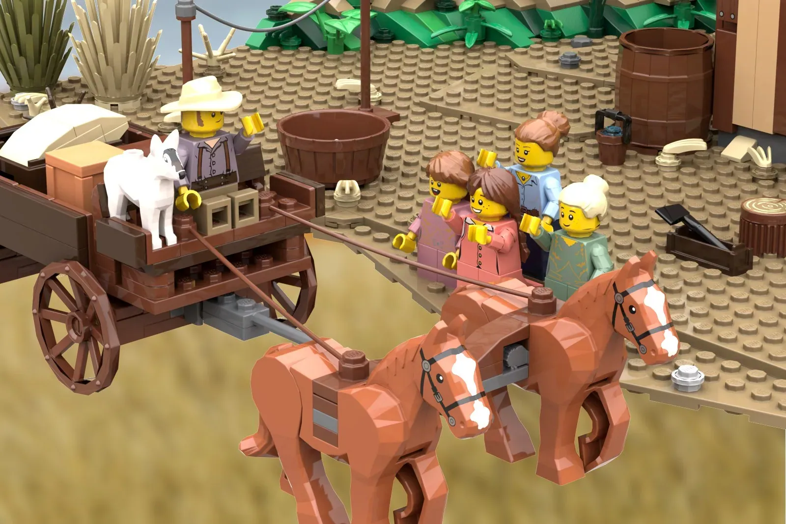 LEGO prairie homestead scene with horse-drawn wagon, minifigures, barn, barrels, and wooden structures on tan baseplate.