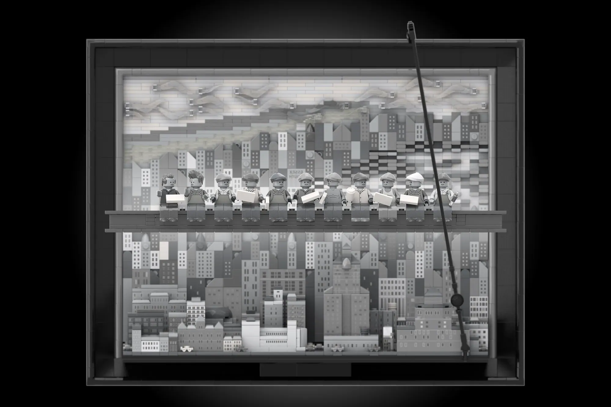 LEGO recreation of "Lunch Atop a Skyscraper" showing minifigures on a steel beam with cityscape backdrop.