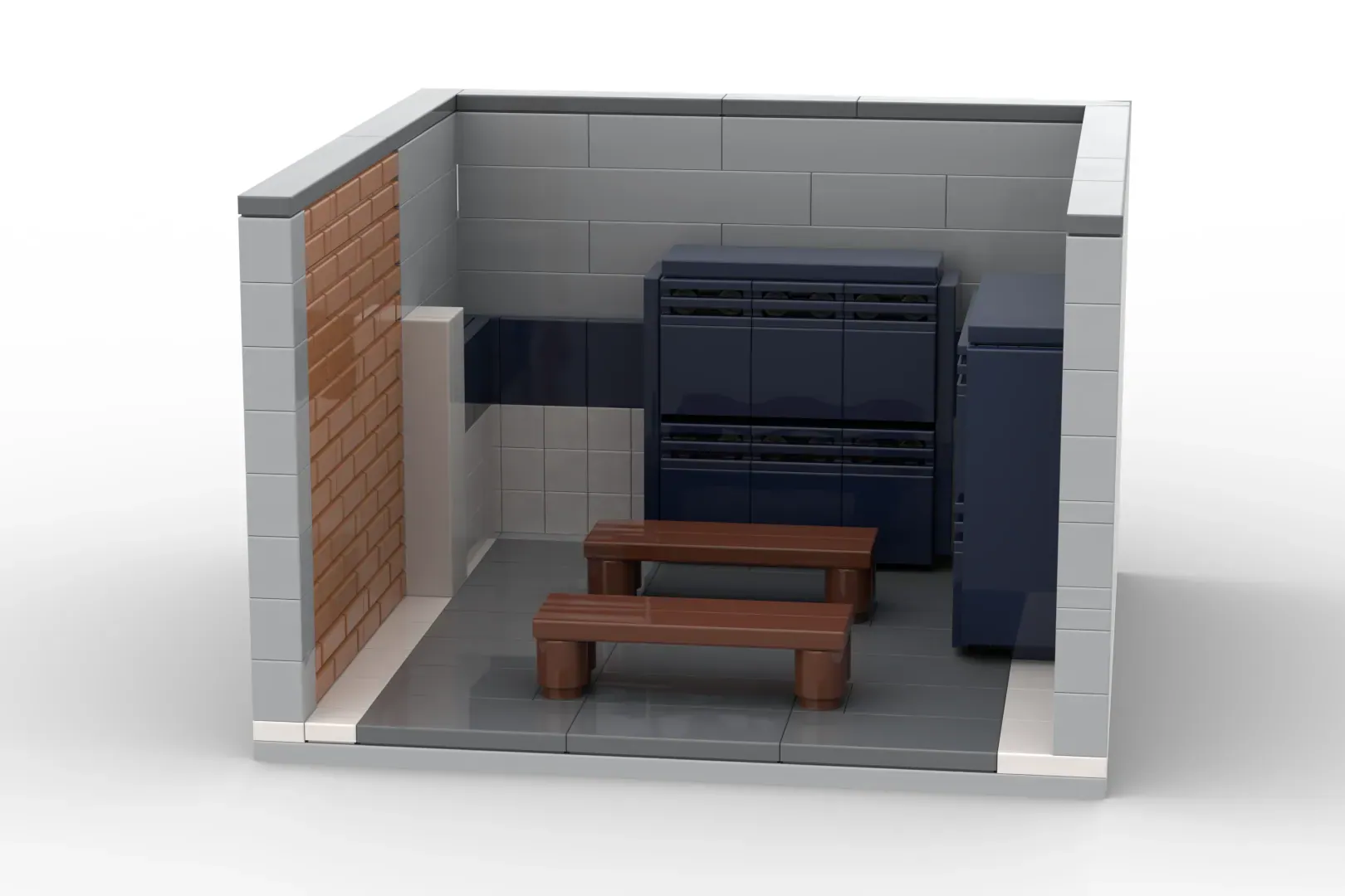 LEGO recreation of a concert venue with brick walls, wooden benches, and a dark stage setup with equipment.