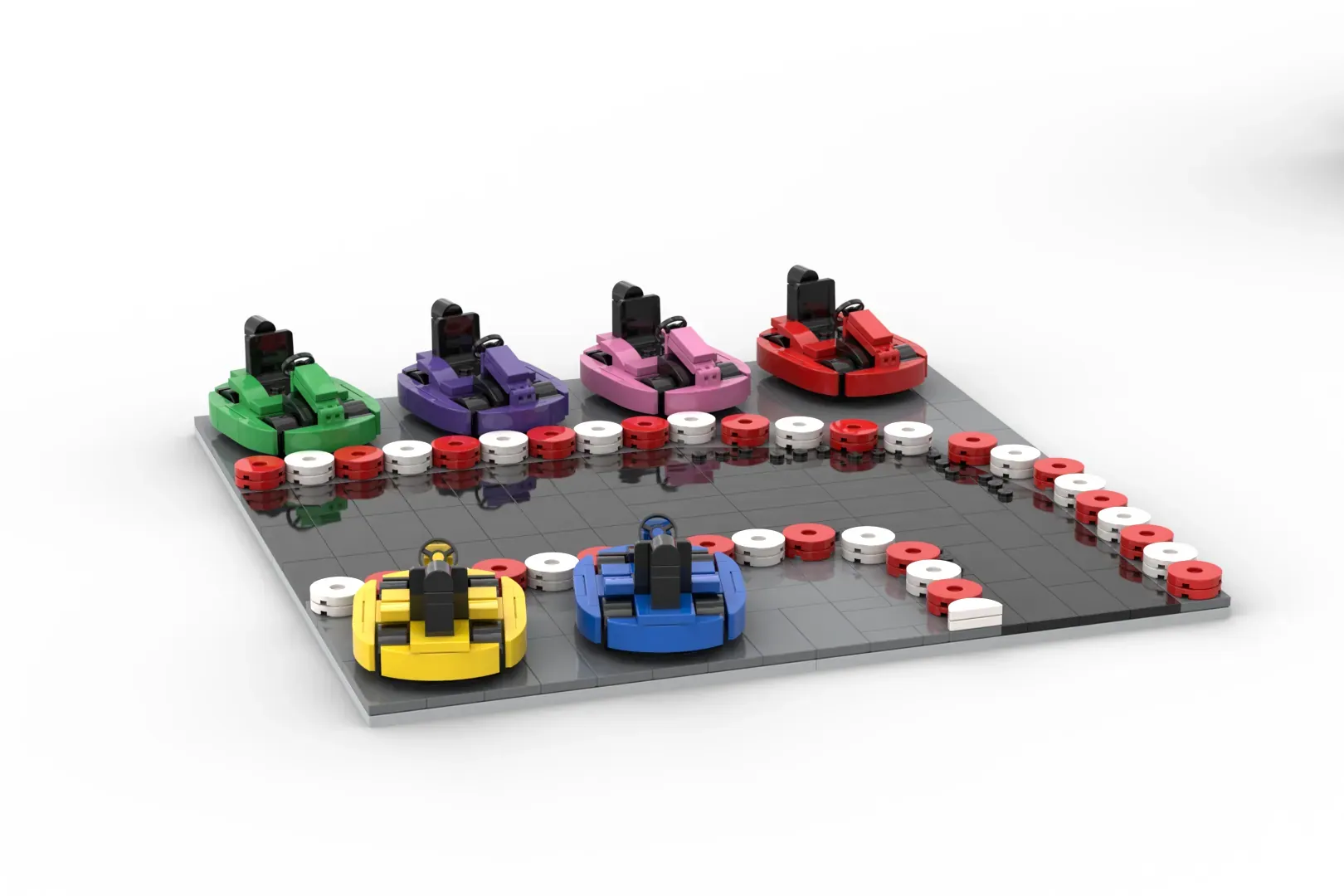 LEGO set featuring four colorful boats with minifigures and red and white circular pieces arranged on a gray baseplate.
