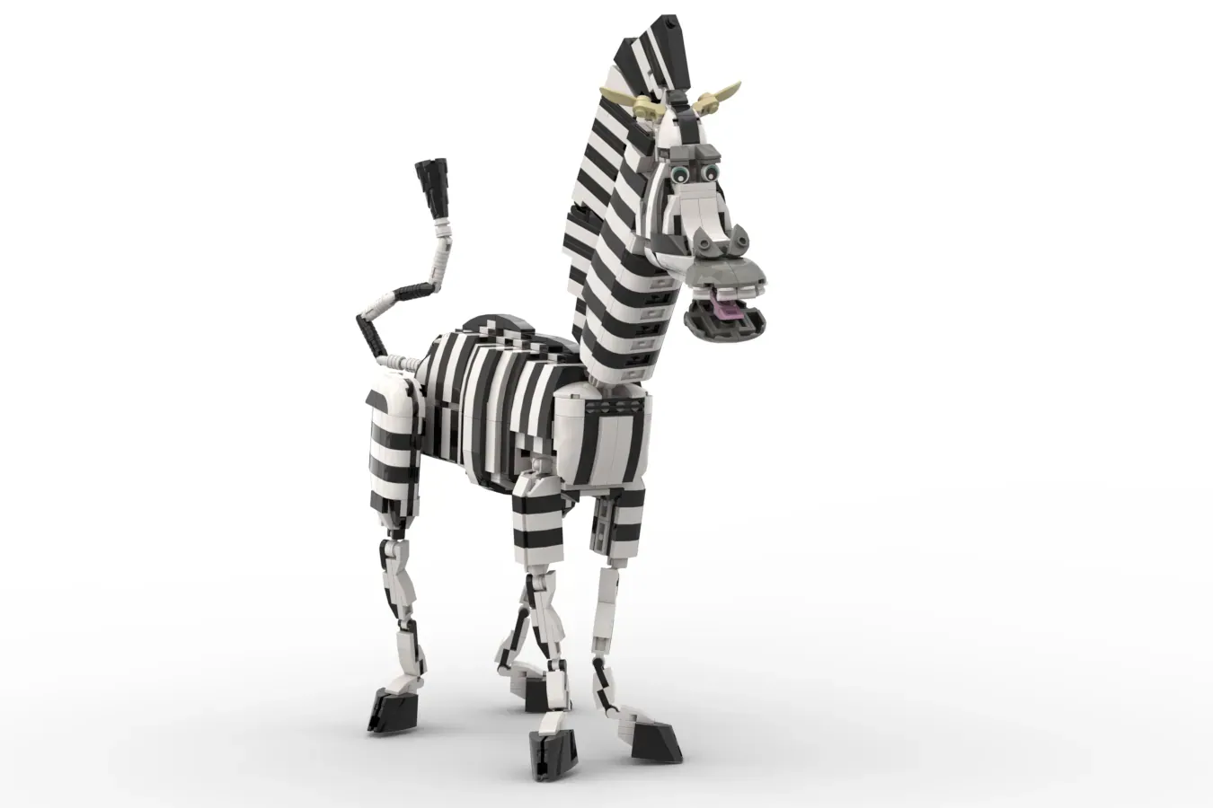 LEGO Marty the Zebra figure with black and white striped pattern, articulated limbs, and detailed facial features.