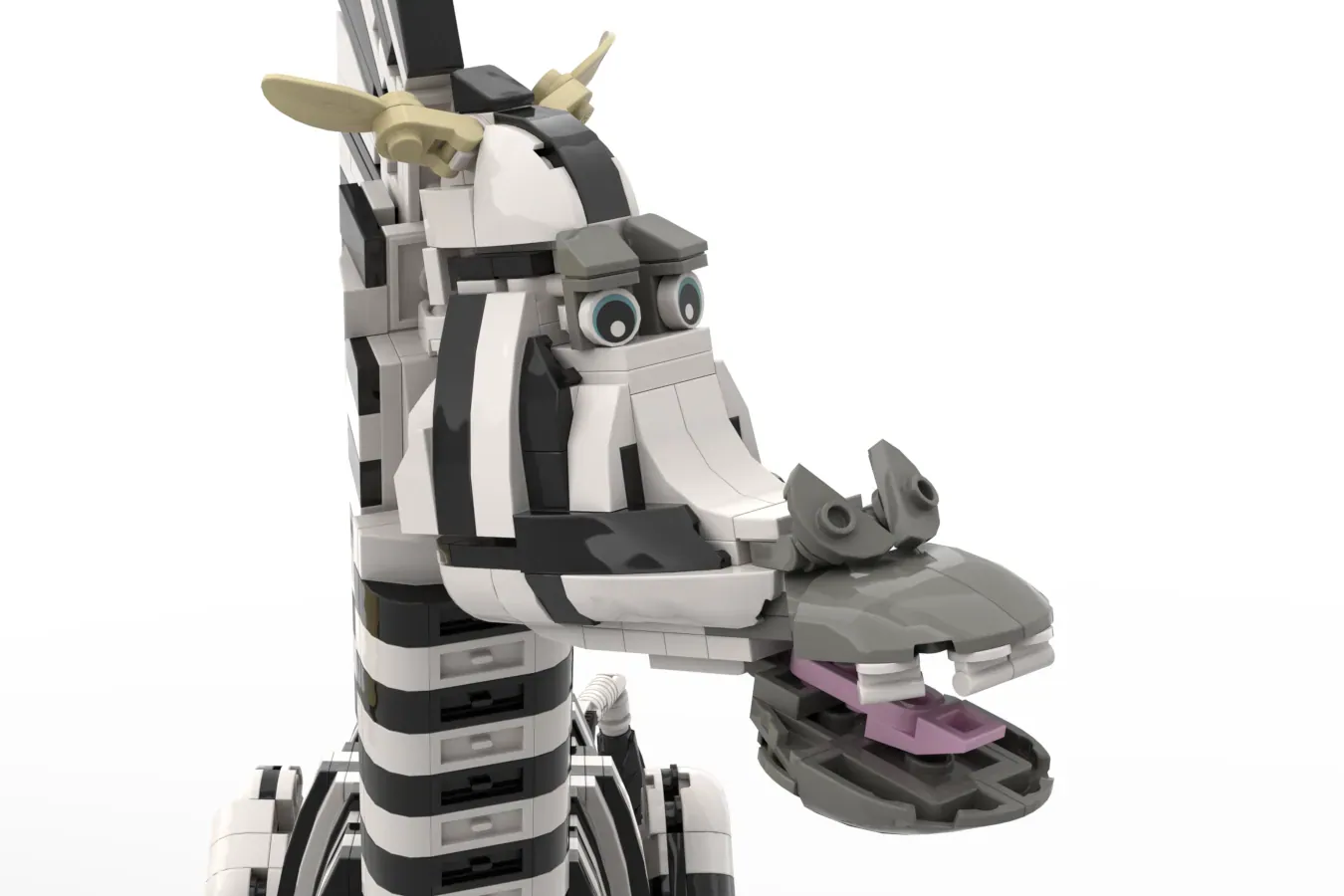 LEGO Marty the Zebra figure with articulated body, striped black and white design, showing poseable limbs and detailed fea…
