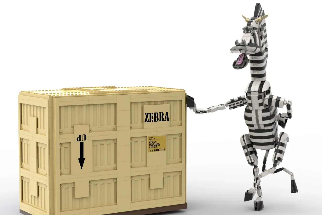 LEGO Marty the Zebra articulated figure next to tan shipping crate with "ZEBRA" label.