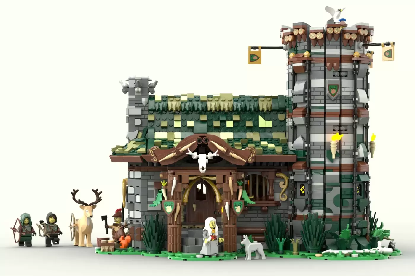 LEGO Medieval Hunter's Hut castle set with minifigures, deer, and detailed architecture featuring green roof and wooden de…