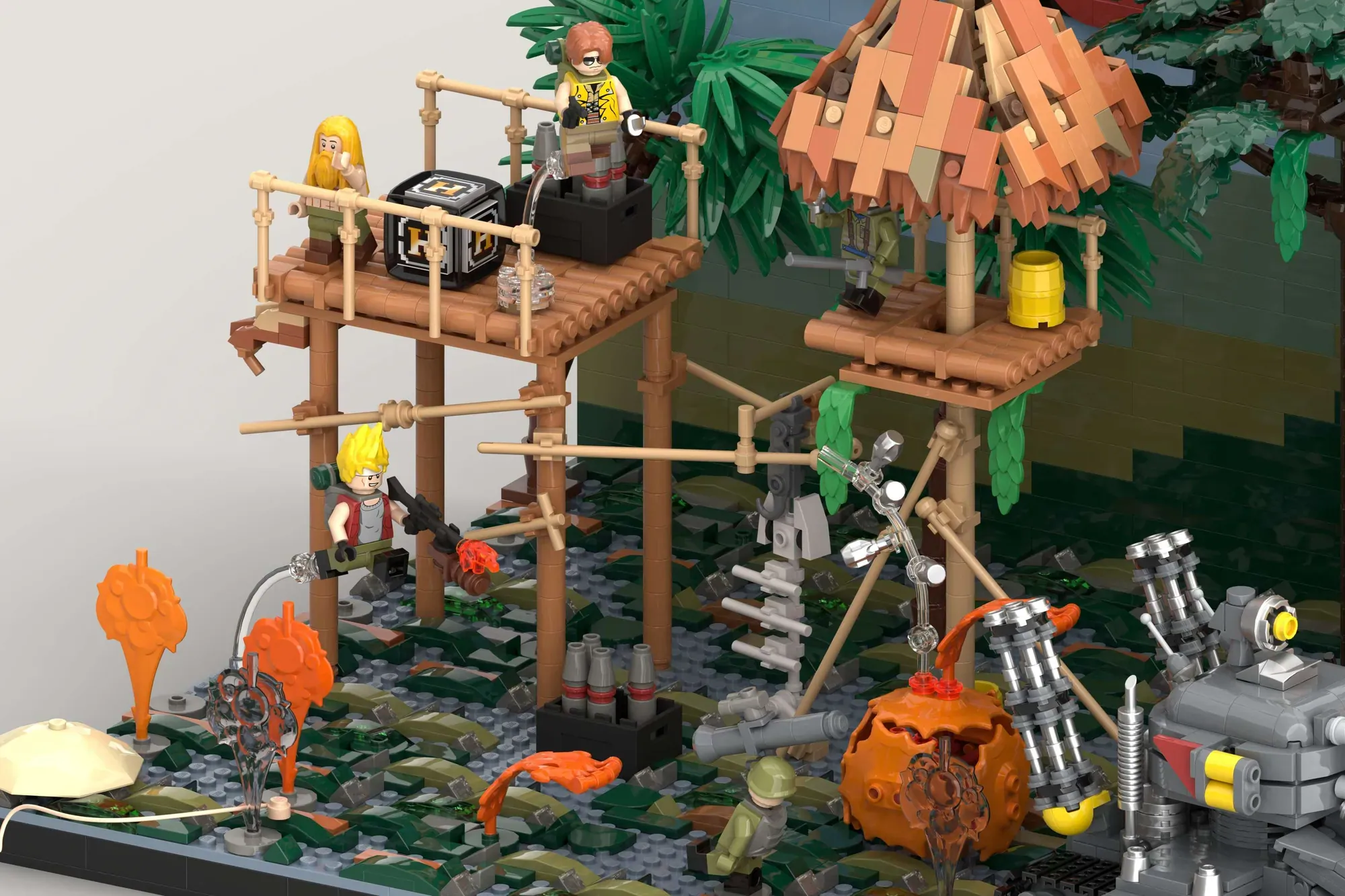LEGO Metal Slug jungle base with wooden treehouse, minifigures, orange mechanical slugs, and detailed terrain scenery.