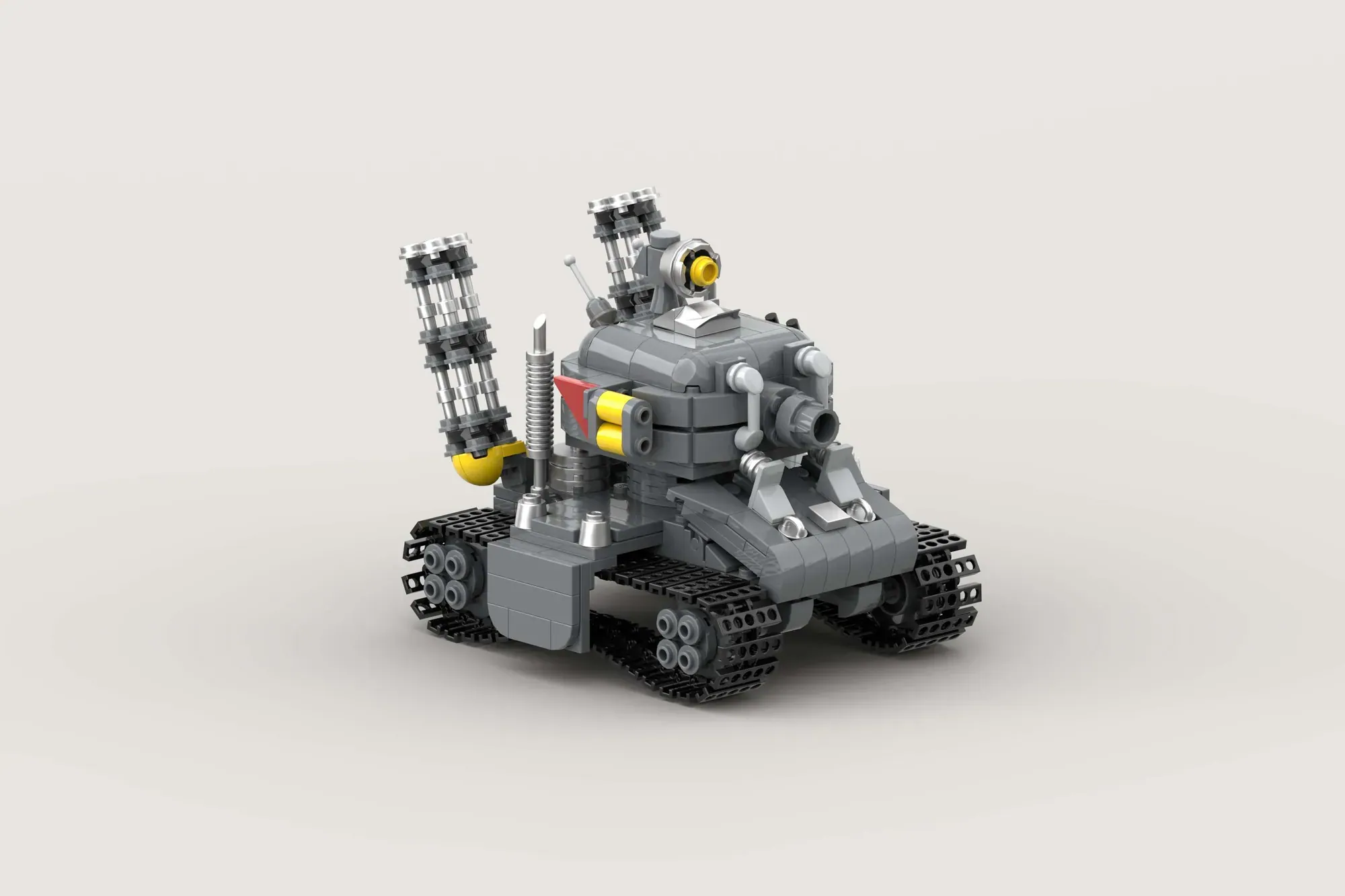 LEGO Metal Slug tank model with tracked treads, dual cannons, yellow accents, and rotating turret with scope.