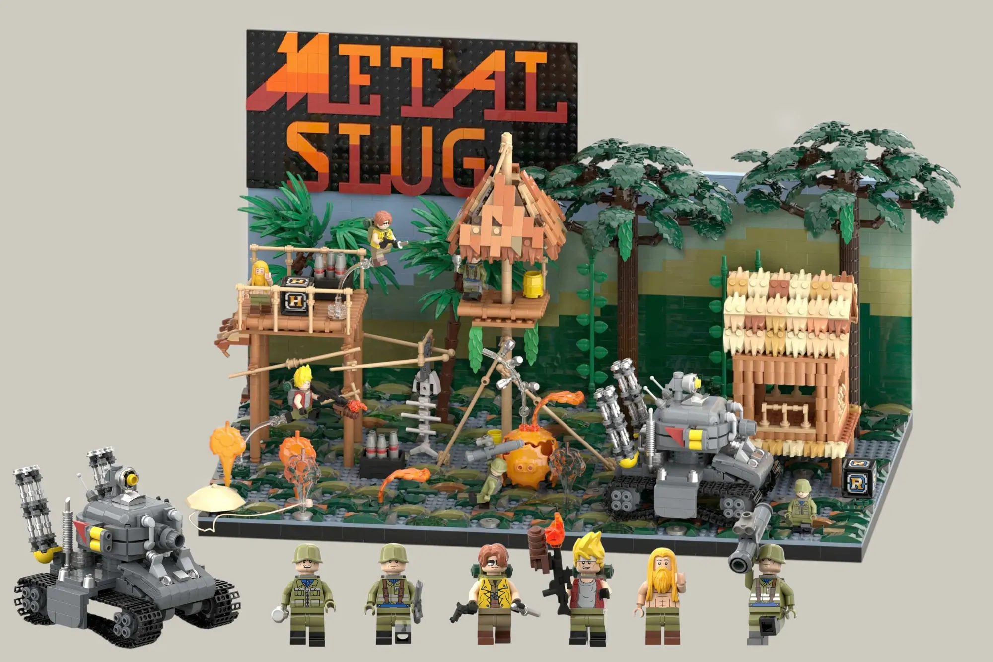 LEGO Metal Slug set featuring jungle base, tank vehicle, palm trees, wooden structures, and six soldier minifigures.