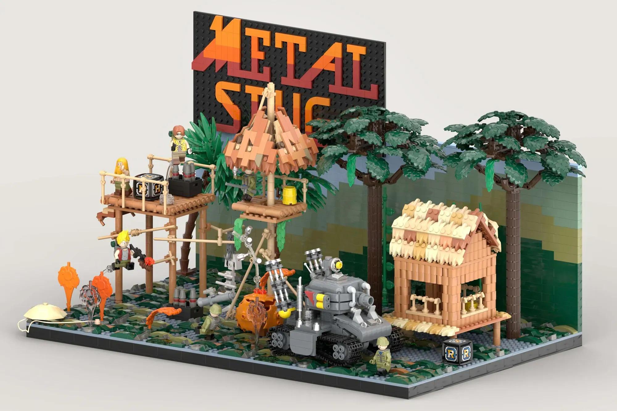 LEGO Metal Slug jungle set with wooden structures, minifigures, metal slug tank, trees, and "Metal Slug" sign backdrop.