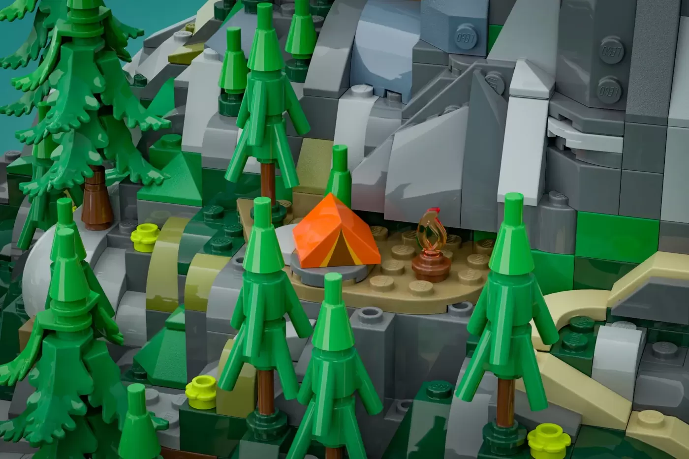 LEGO camping scene with orange tent, green trees, campfire, and mountain structures demonstrating perspective scale tricks.